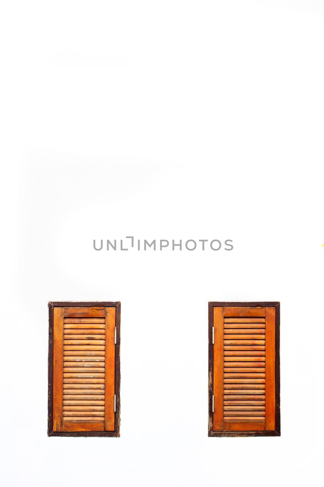 Two vintage brown wooden window isolate white background. by thanumporn