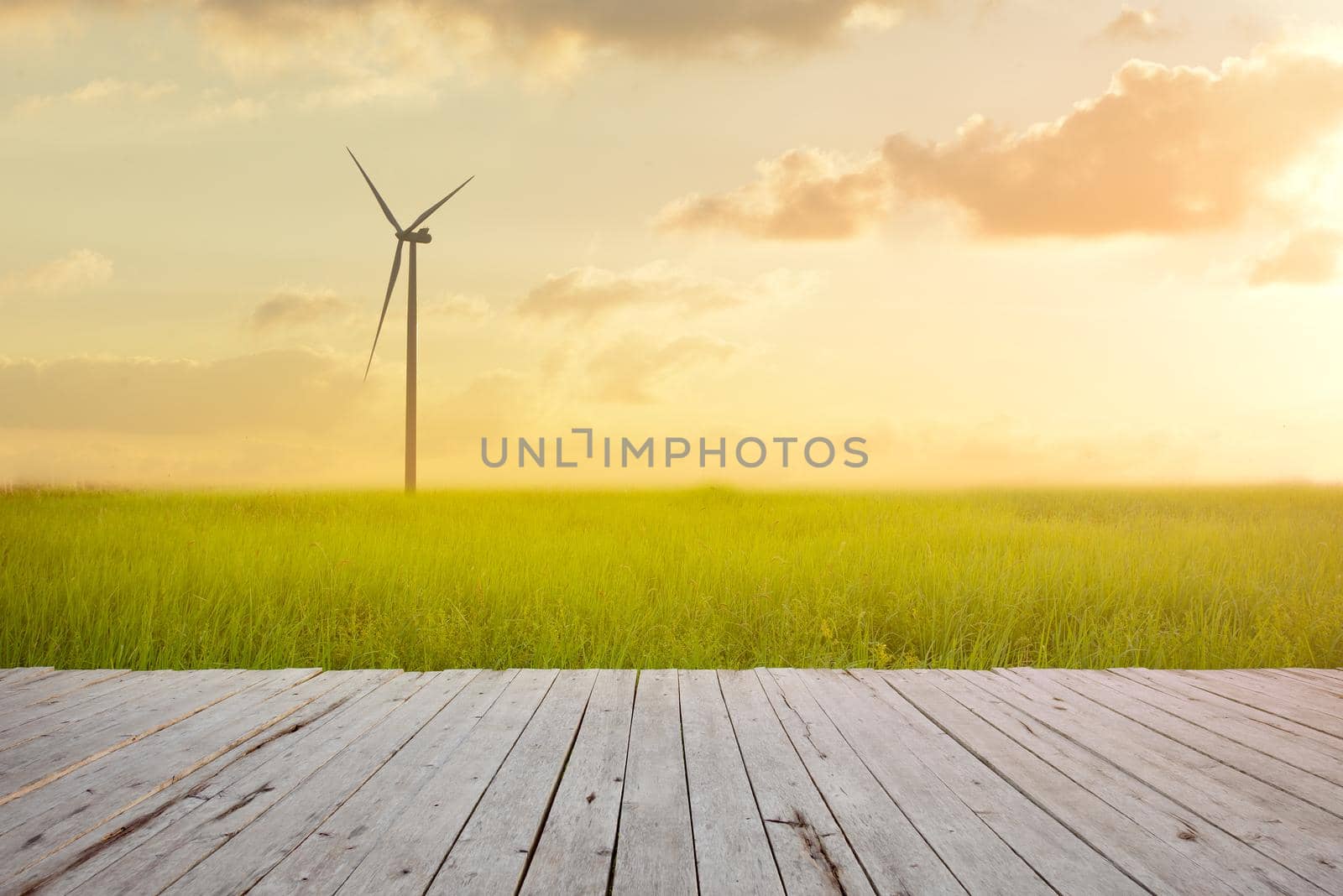 Wind turbine on green rice field against sunset background with plank wood foreground. Green energy concept.