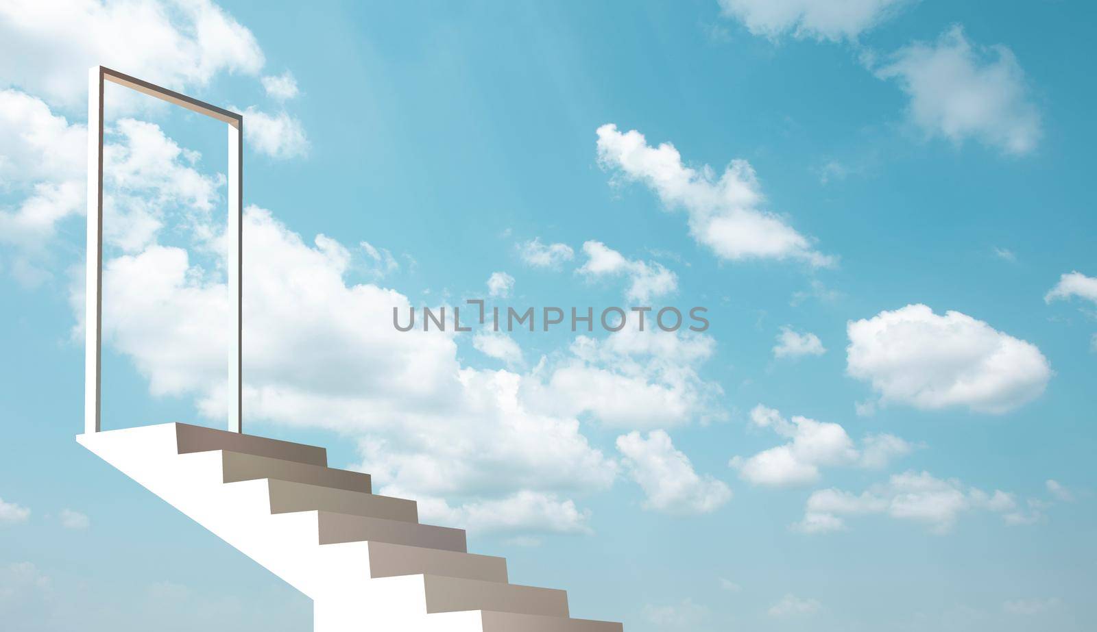 White stair in the blue sky. 3D illustration. by thanumporn