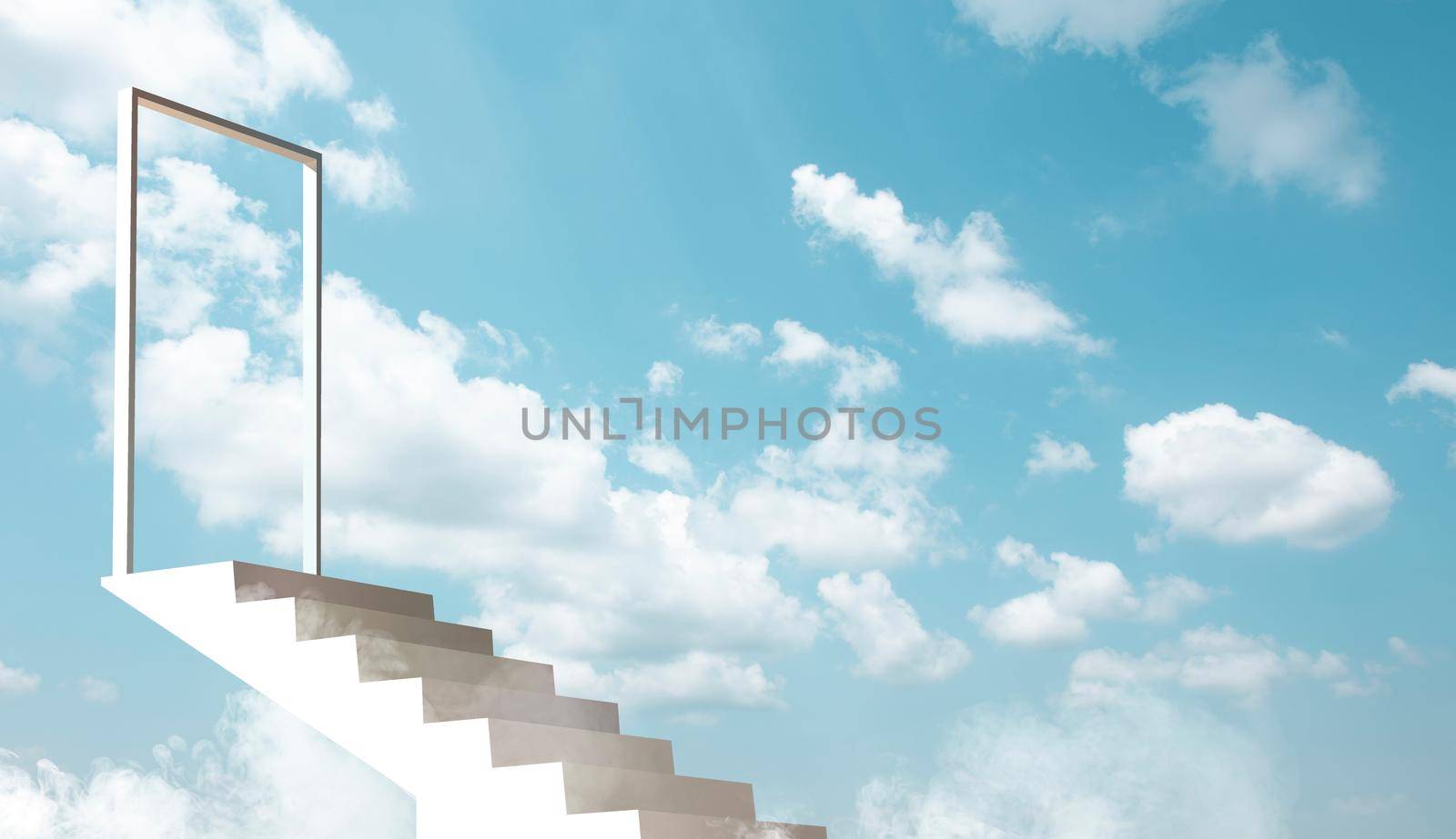 White stair in the blue sky. 3D illustration. by thanumporn