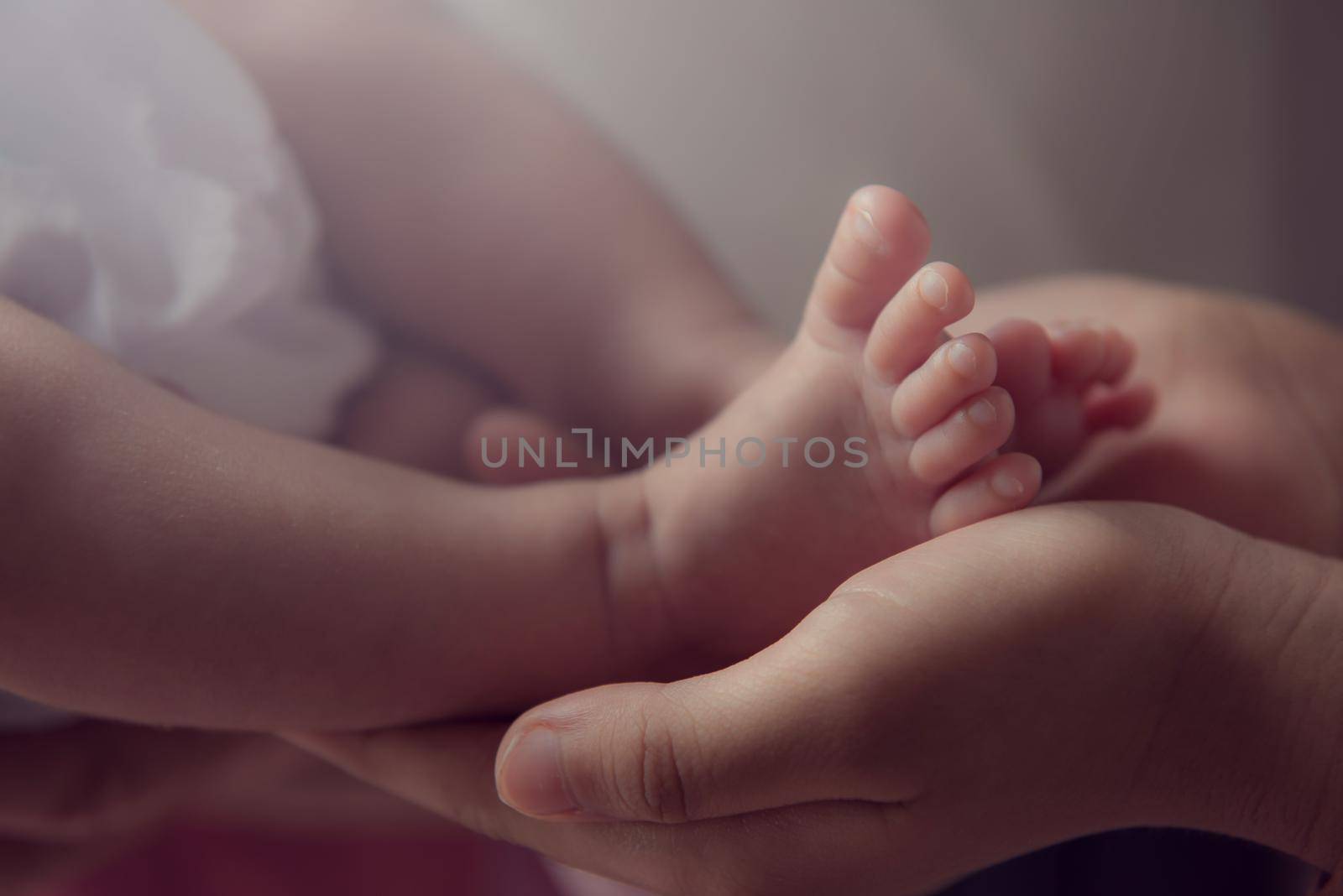 Parent holding in the hands feet of newborn baby. by thanumporn