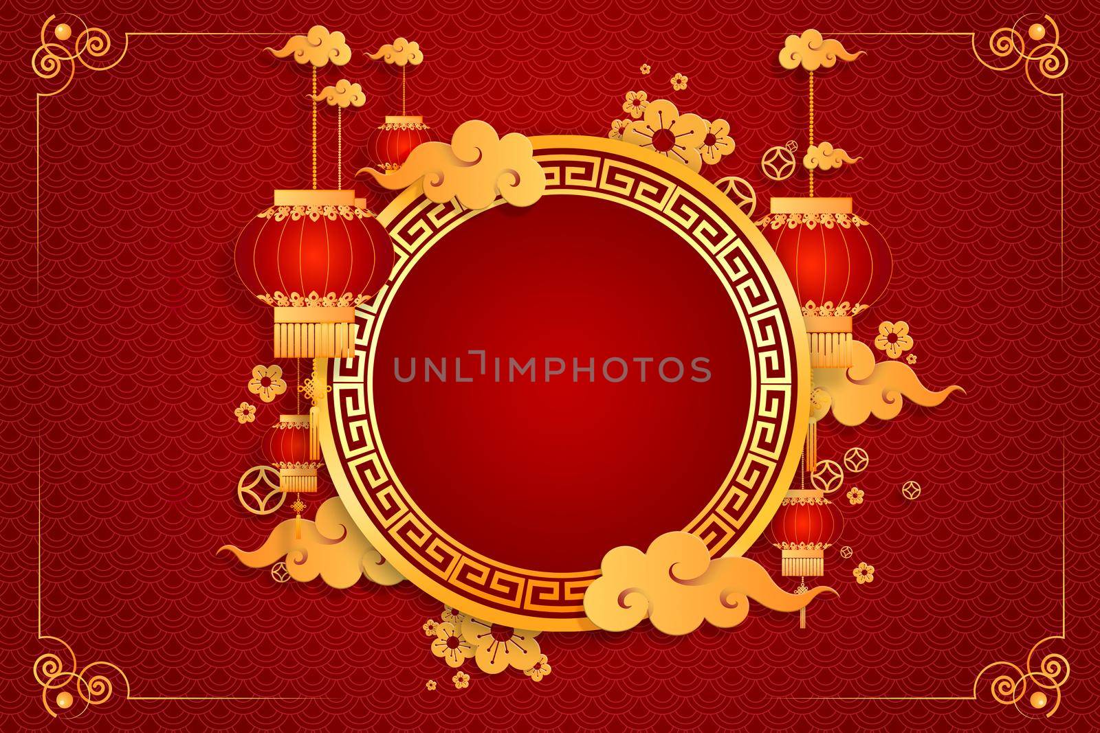 Happy Chinese new year card. Red background with traditional asian lanterns. Chinese mean Happy New Year, wealthy, Zodiac sign for greetings card, posters, brochure, banners, calendar