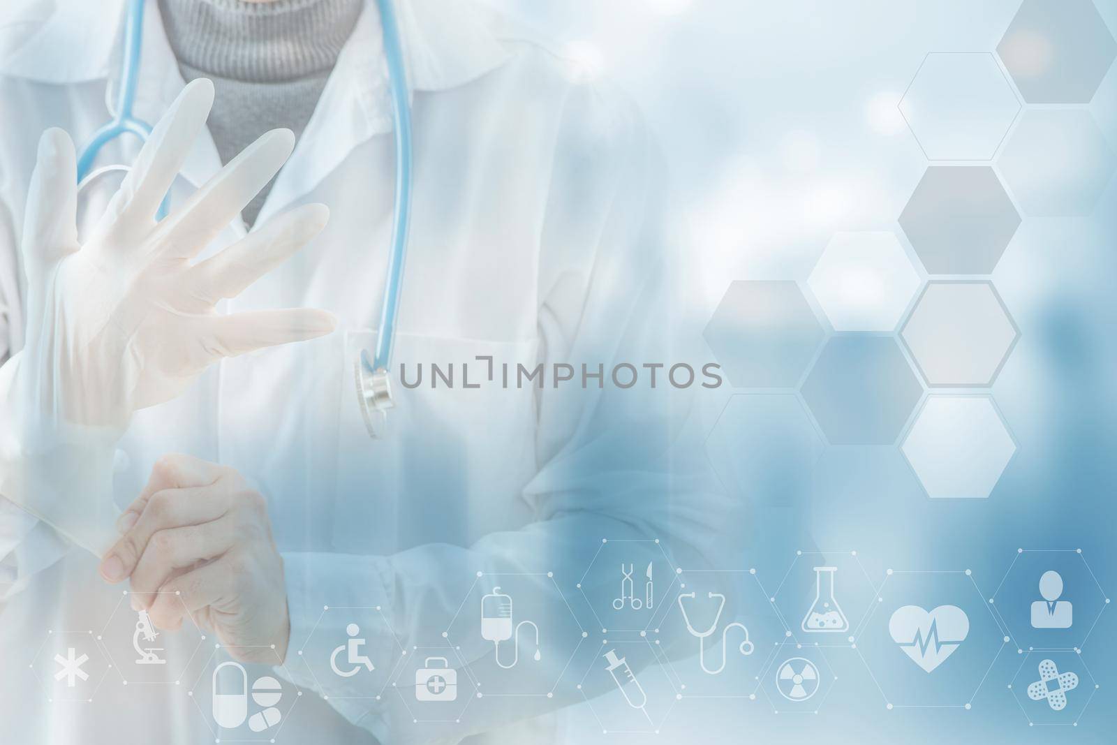 Close-up doctor wearing gloves isolated on Health care icon pattern medical innovation concept background design. by thanumporn