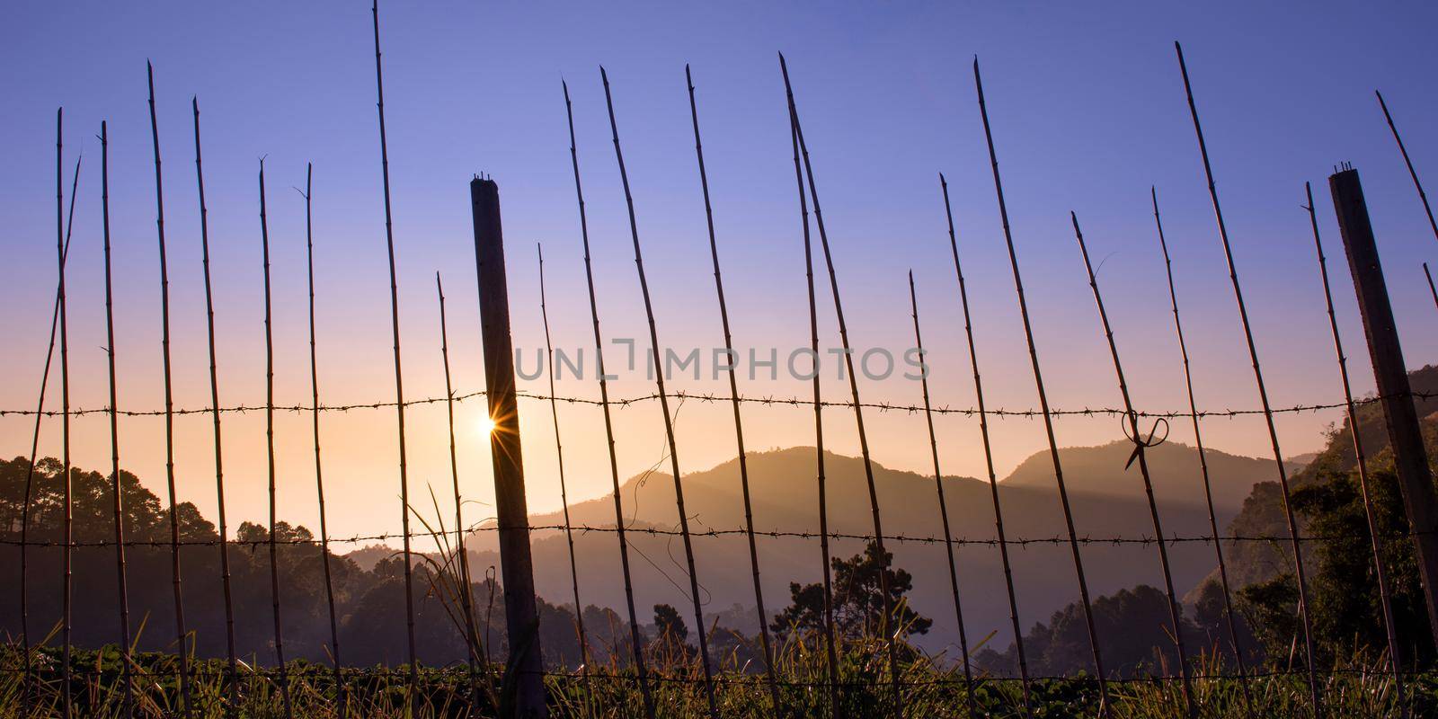 image of foggy mountain and barbed wire wall in sunny day.