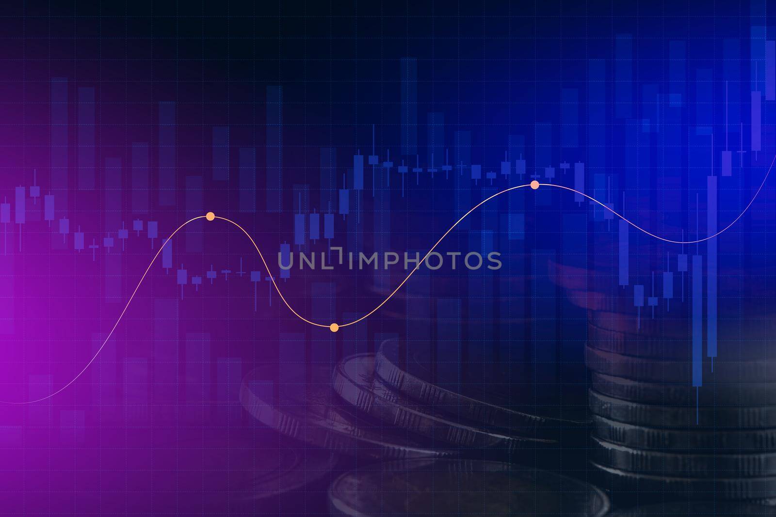 Double exposure of graph and rows of coins for finance and business concept.