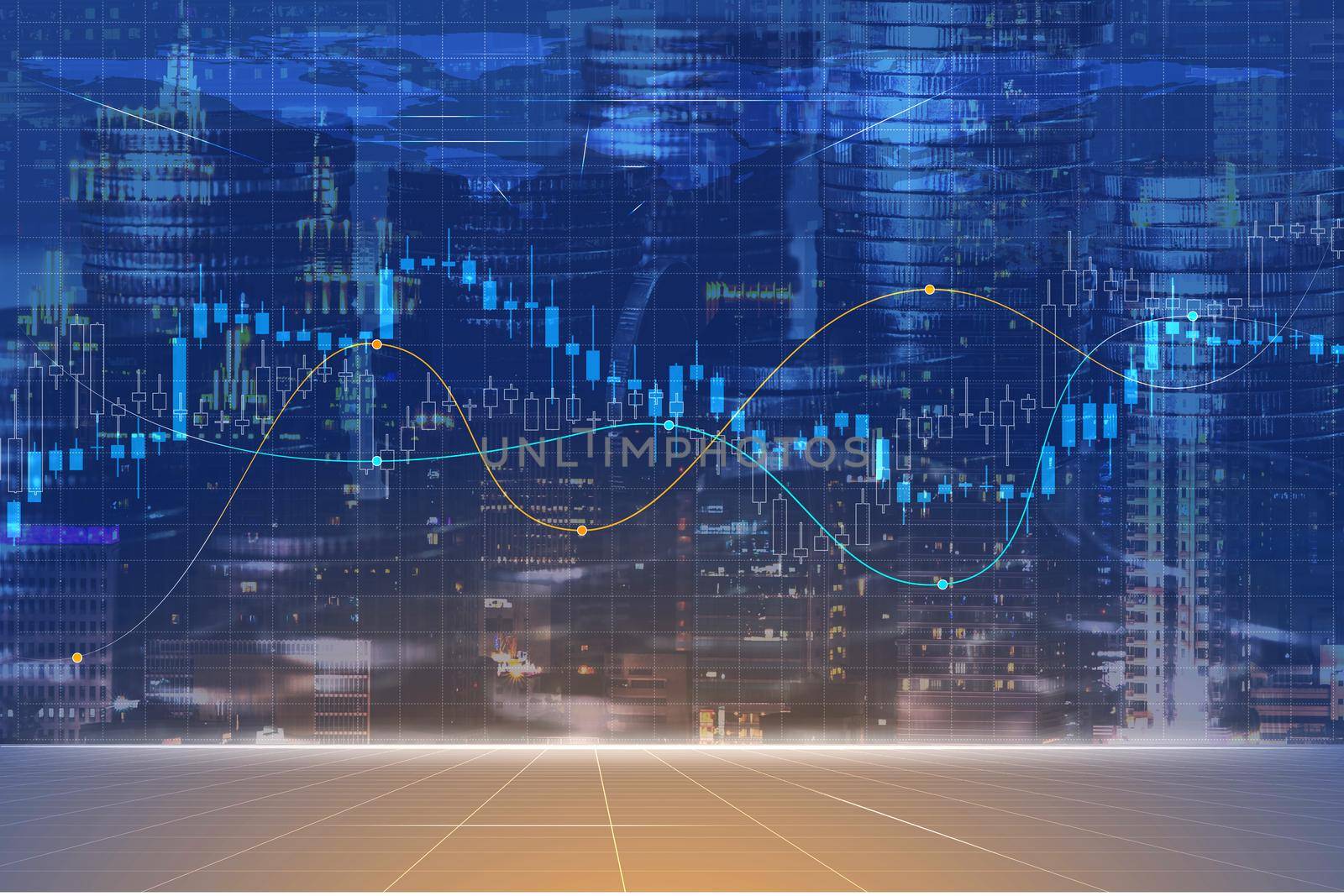 Financial investment concept, Double exposure of city night and stack of coins for finance investor, economic , business background.