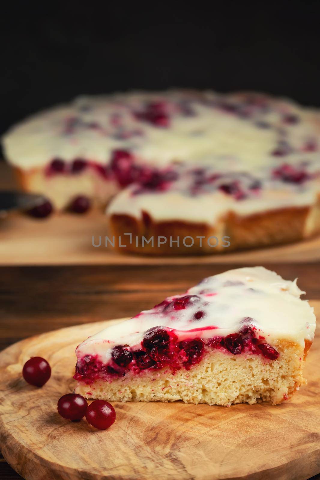 Homemade cake with cranberries and sour cream. Piece of pie close up. Vertical image.