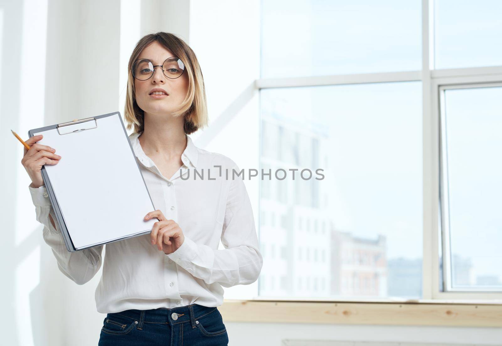 room finance woman business documents interior window. High quality photo