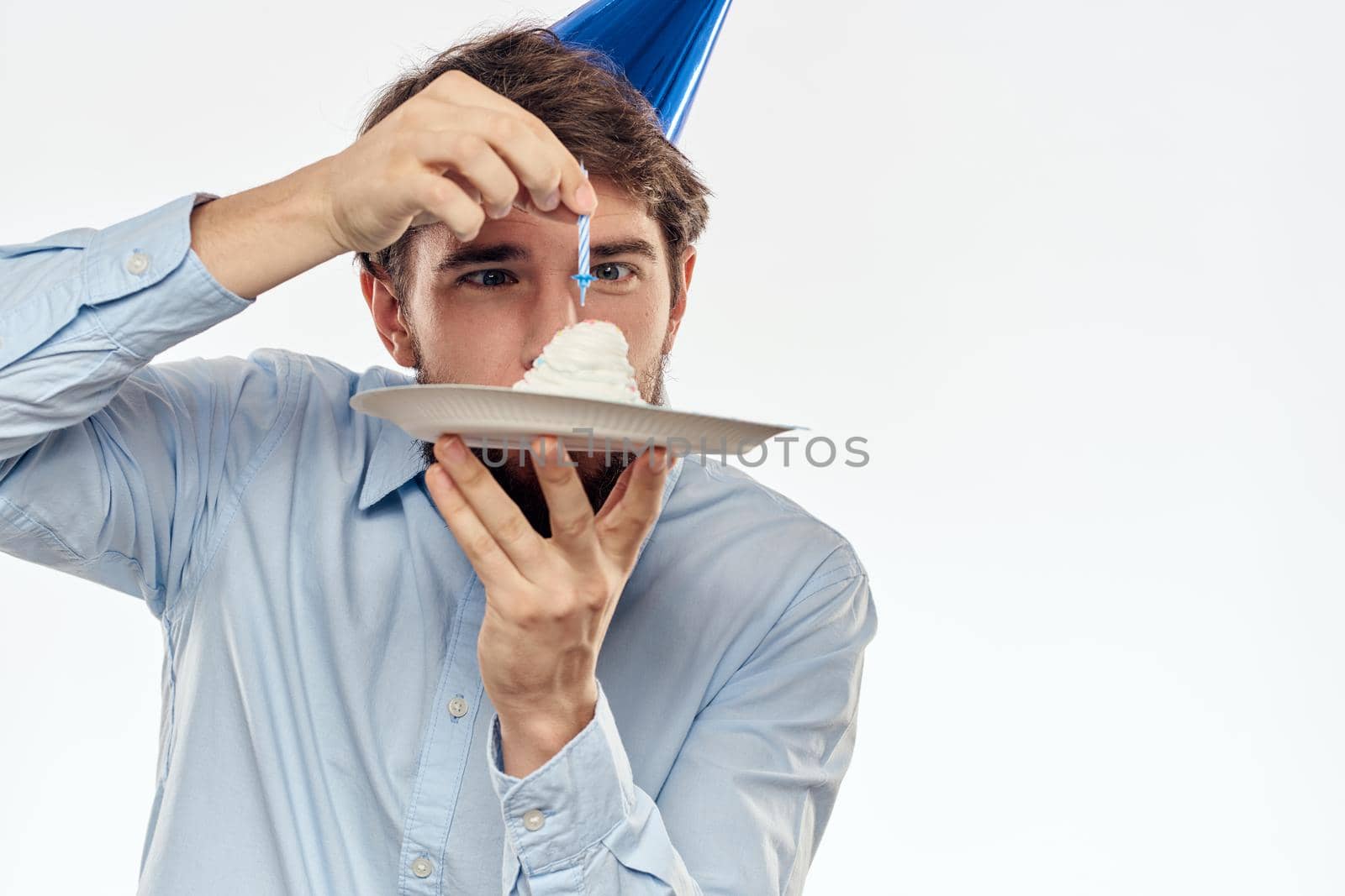 Bearded man cake with holiday decoration birthday. High quality photo