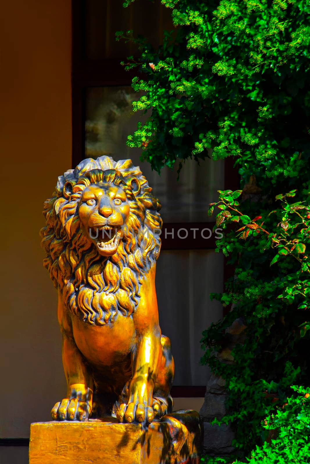 A golden statue of a lion. Sunny summer day. View from the side. by Essffes