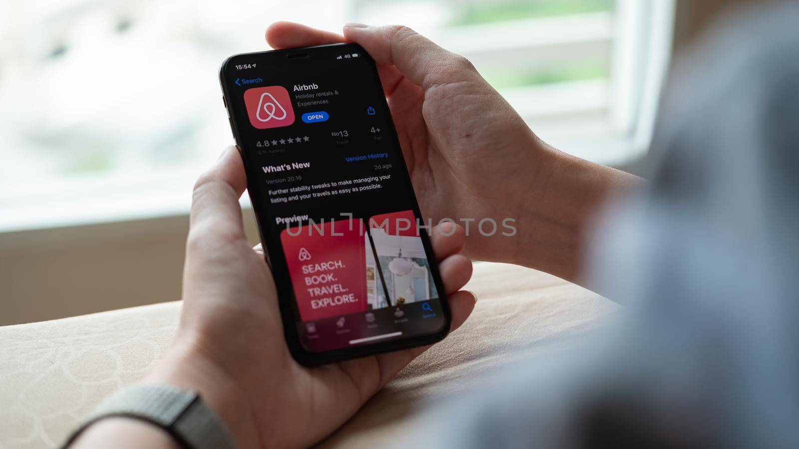 CHIANG MAI, THAILAND - APR 18, 2020 : The app for the peer-to-peer online marketplace and homestay network, allowing short-term residential lettings, Airbnb, shown on an iPhone X screen.