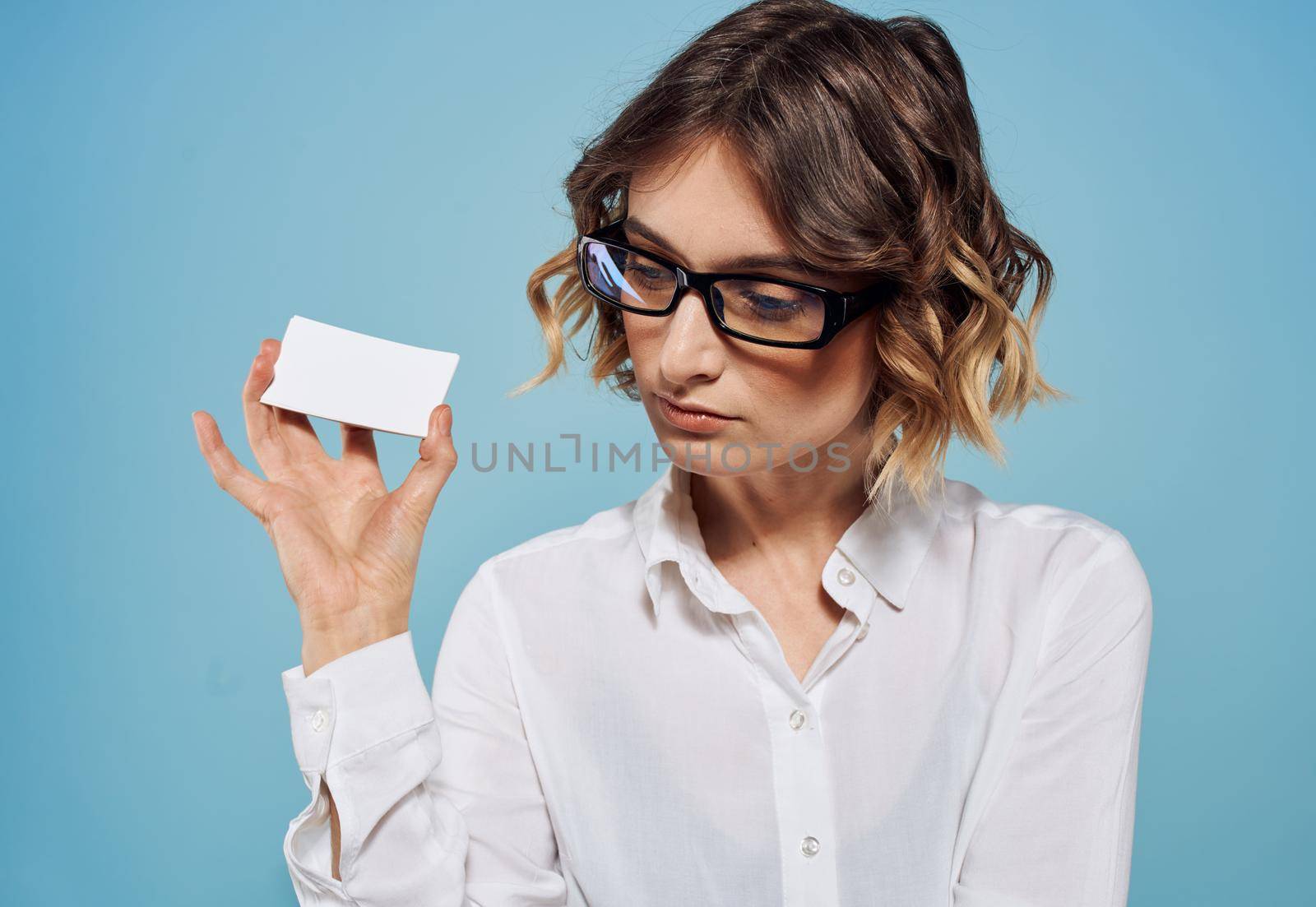 Credit card Business woman glasses mockup blue background by SHOTPRIME