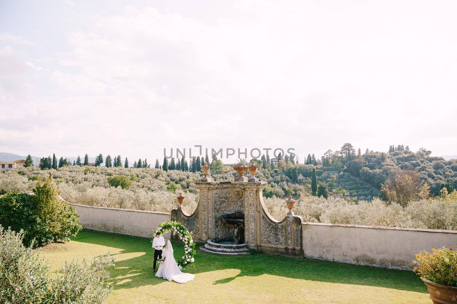 Wedding at an old winery villa in Tuscany, Italy. Wedding couple under a round arch of flowers. The groom reads wedding vows. by Nadtochiy