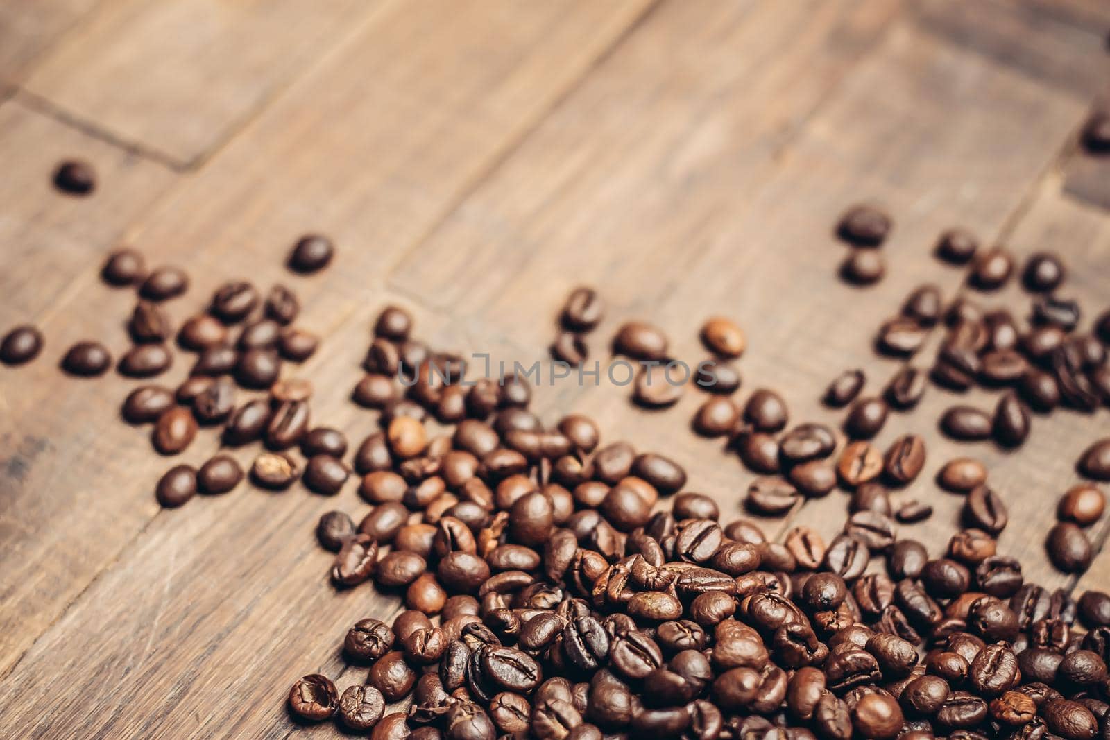 coffee beans scattered wood background morning aroma beverage preparation by SHOTPRIME