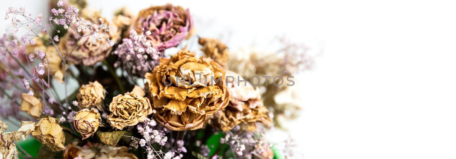 Dry bouquet with copy space. Close-up image of dried flowers in a bouquet. Life and death concept. Withered flower background