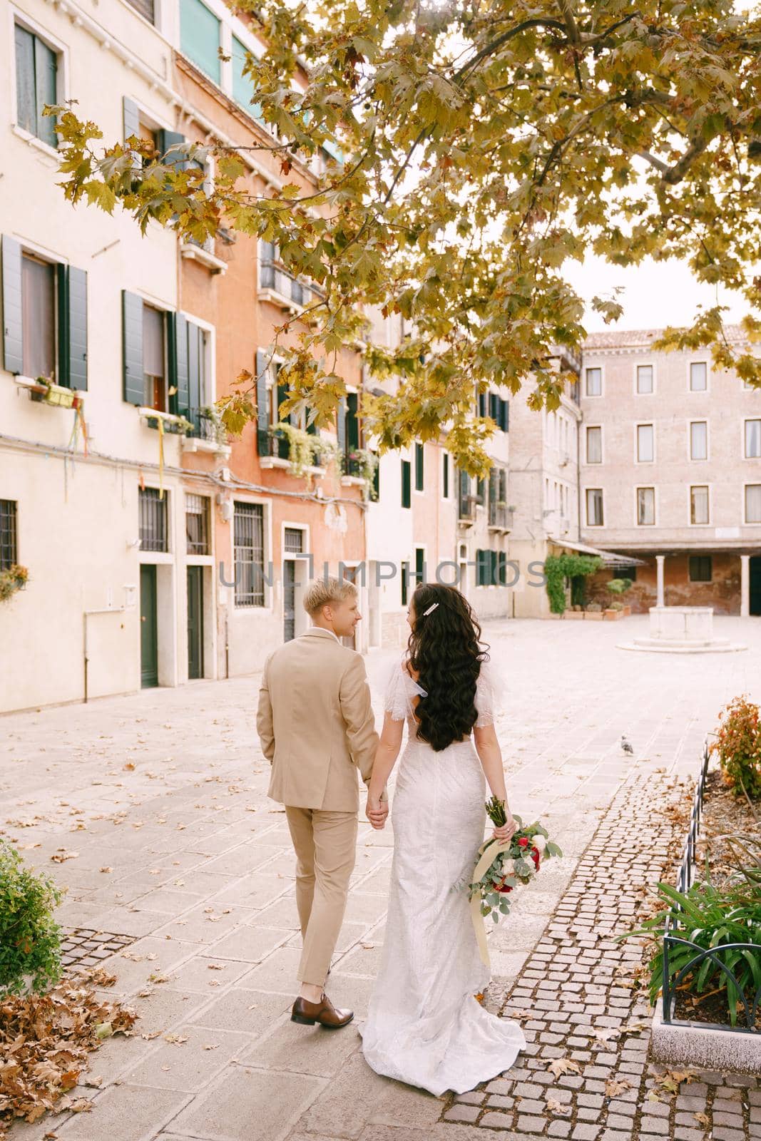 Italy wedding in Venice. Bride and groom walk along deserted streets of city. Newlyweds are holding hand in hand under tree with yellow autumn foliage, against backdrop of facades of buildings by Nadtochiy