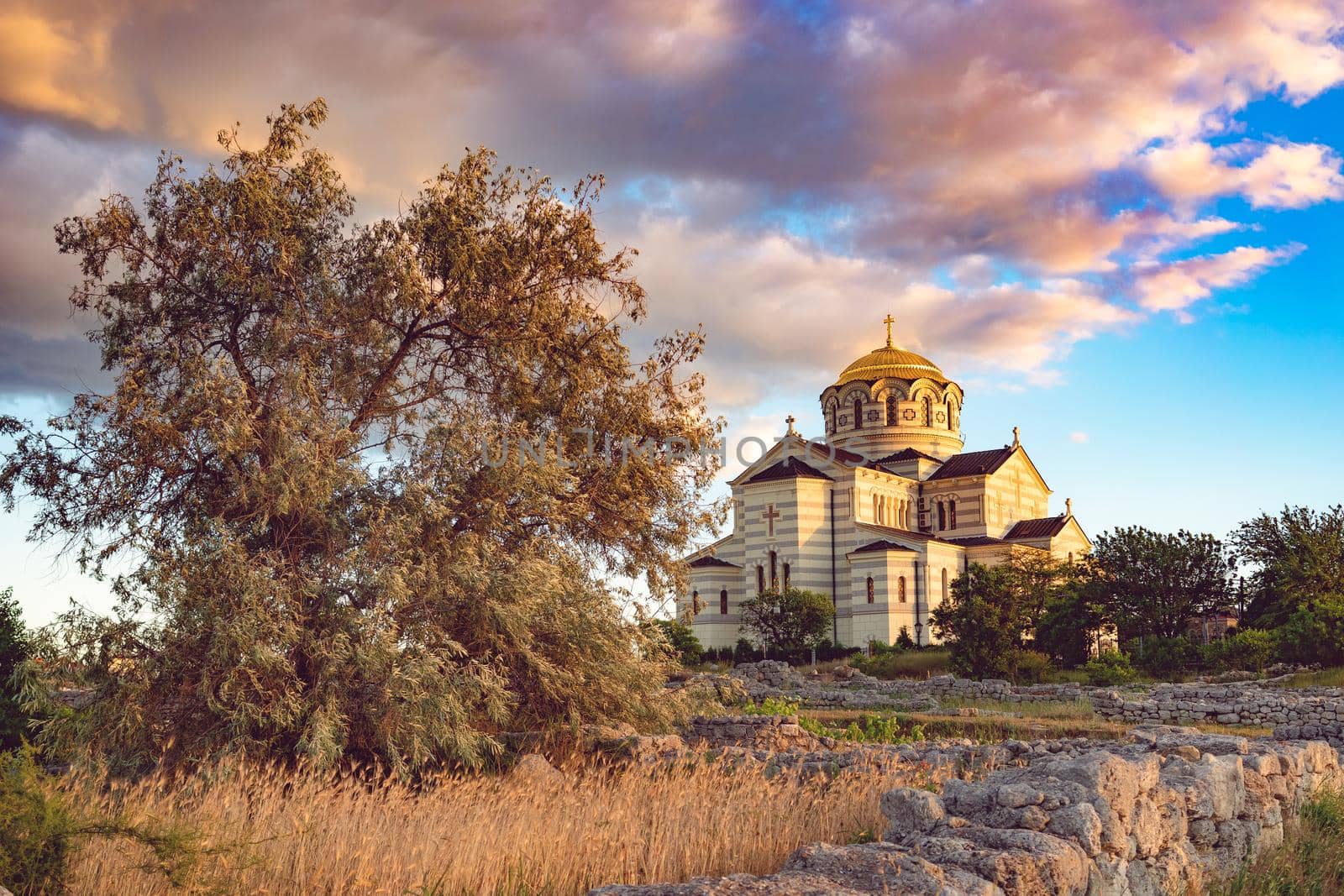 Sevastopol, Crimea. Vladimir Cathedral in Chersonesos - the Orthodox Church of the Moscow Patriarchate on the territory of Tauric Chersonesos