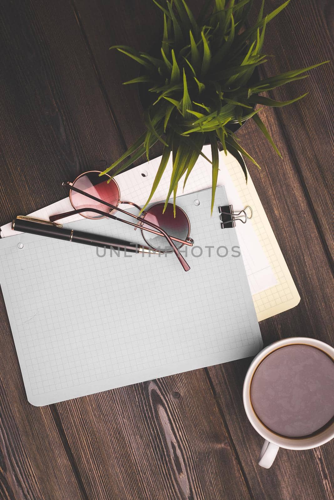 notebook and pen on a wooden table coffee cup flower in a pot top view by SHOTPRIME