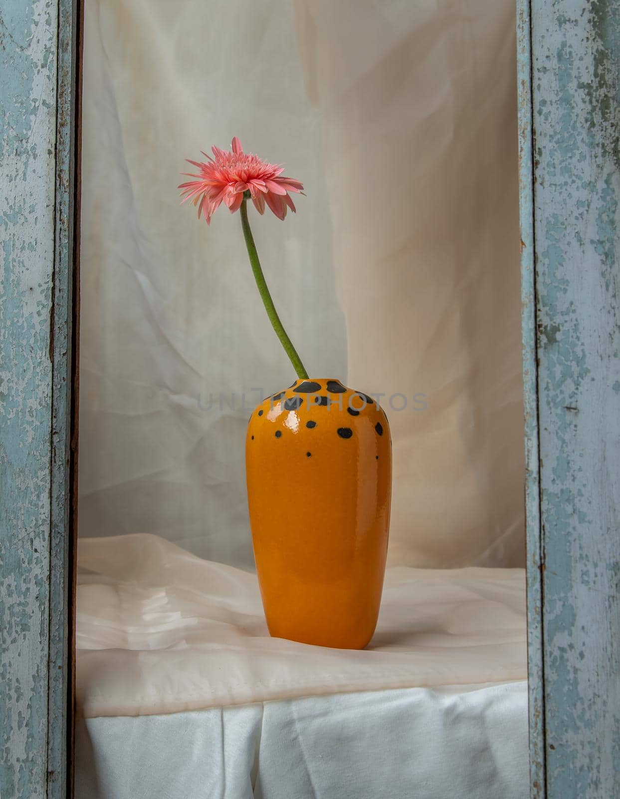 Pink flower in Orange handmade ceramic vase on Blush textured table cloth. Home decor, Copy space, Selective focus.