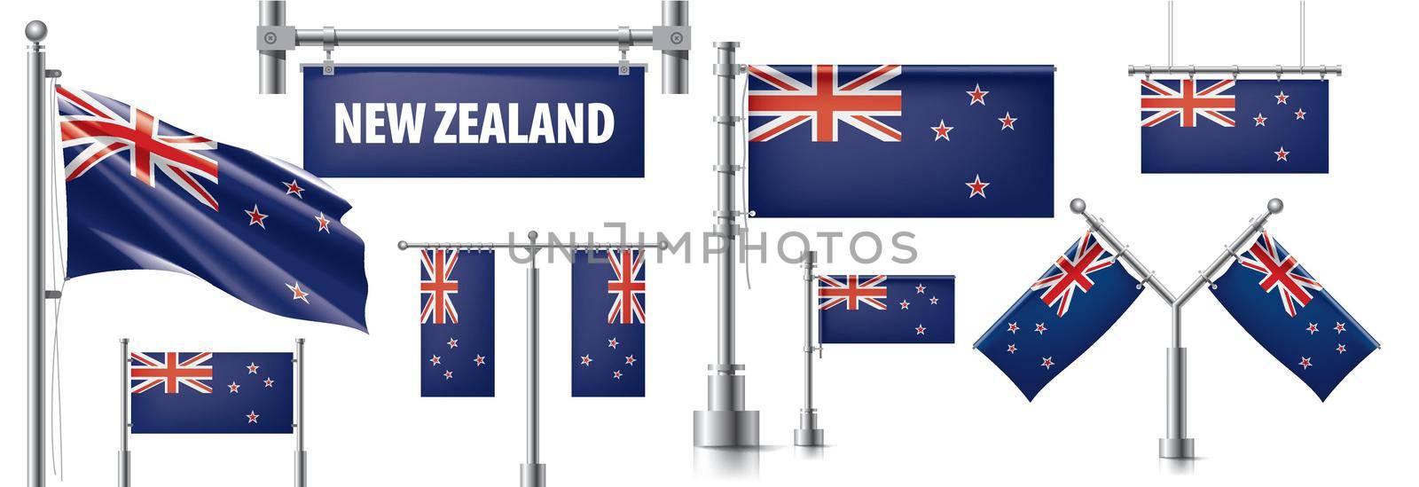 Vector set of the national flag of New Zealand in various creative designs.