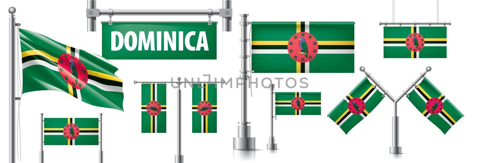 Vector set of the national flag of Dominica in various creative designs.