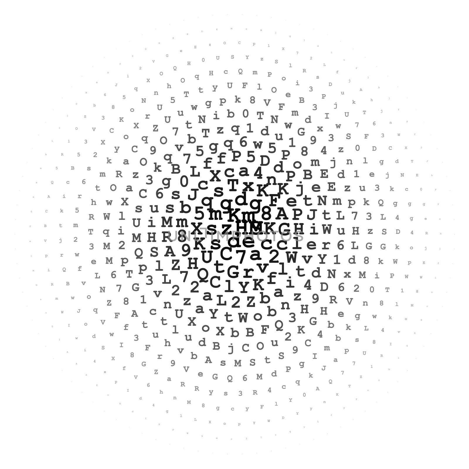 Halftone circle made of black letters and digits on white background, abstract circular illustration