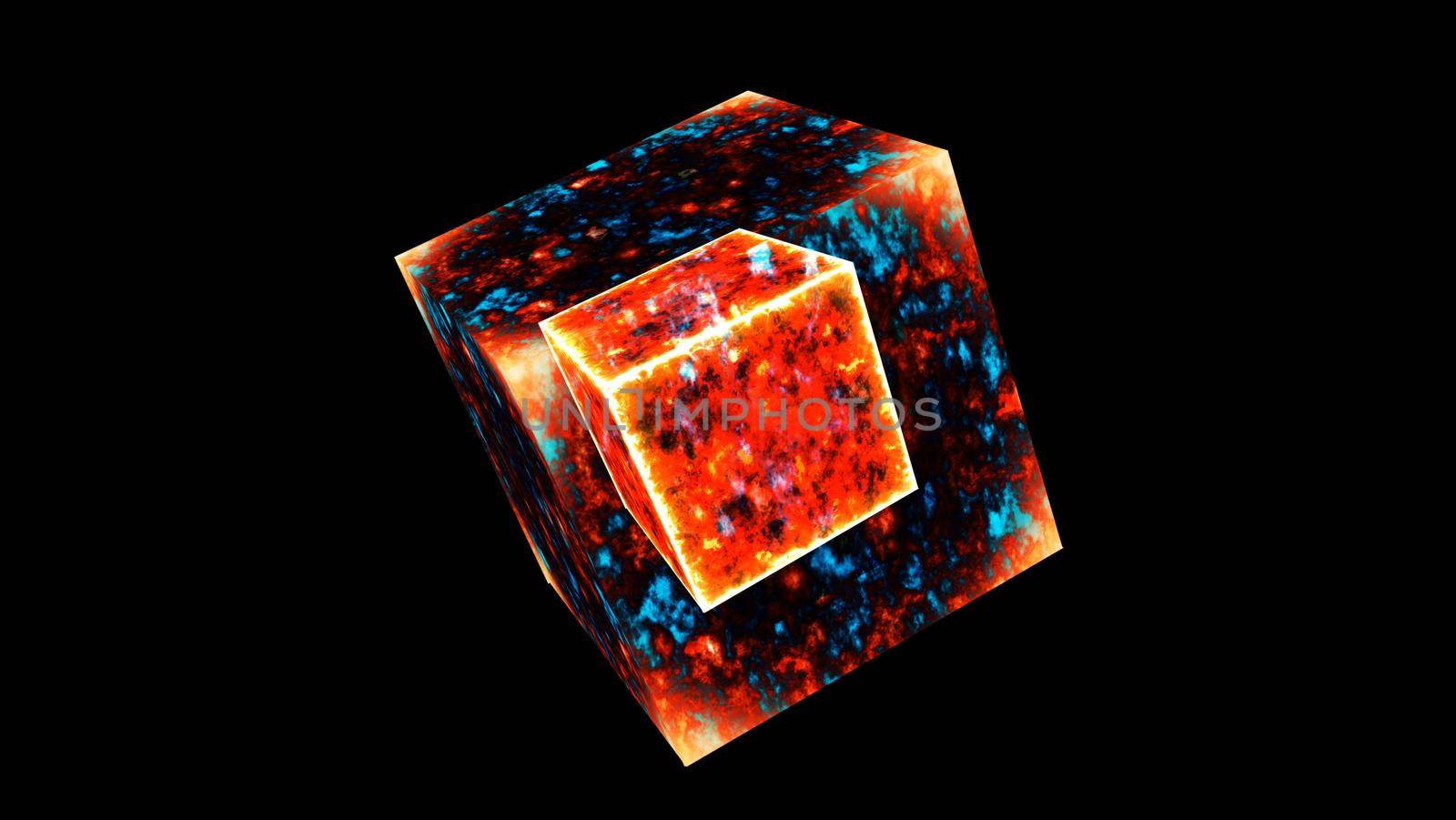 Eternal flame power overwhelming cube mystery energy surface and powerful eternal cube fire core on black background