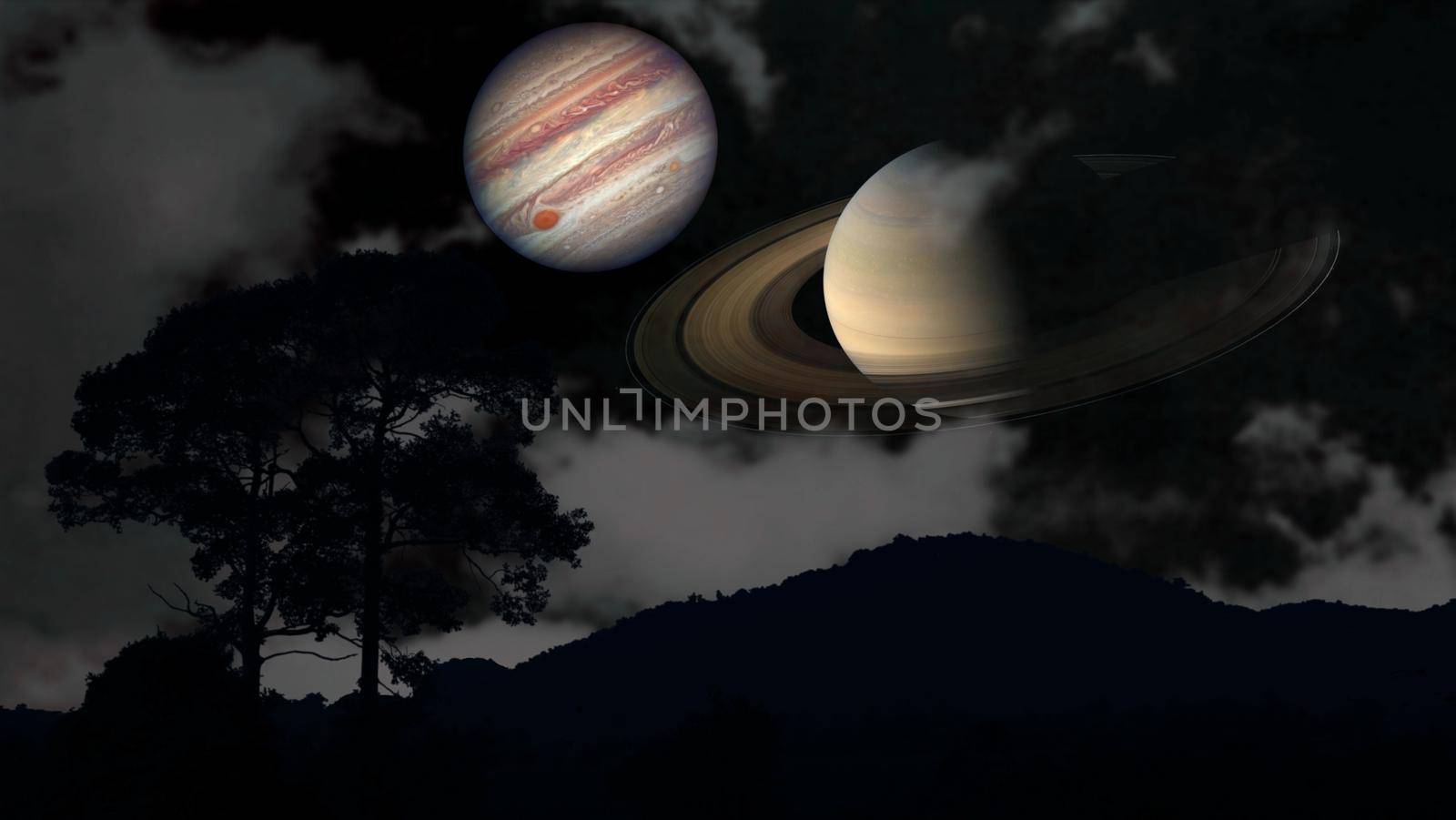 Saturn and Jupiter rise back silhouette mountain and cloud on the night sky by Darkfox