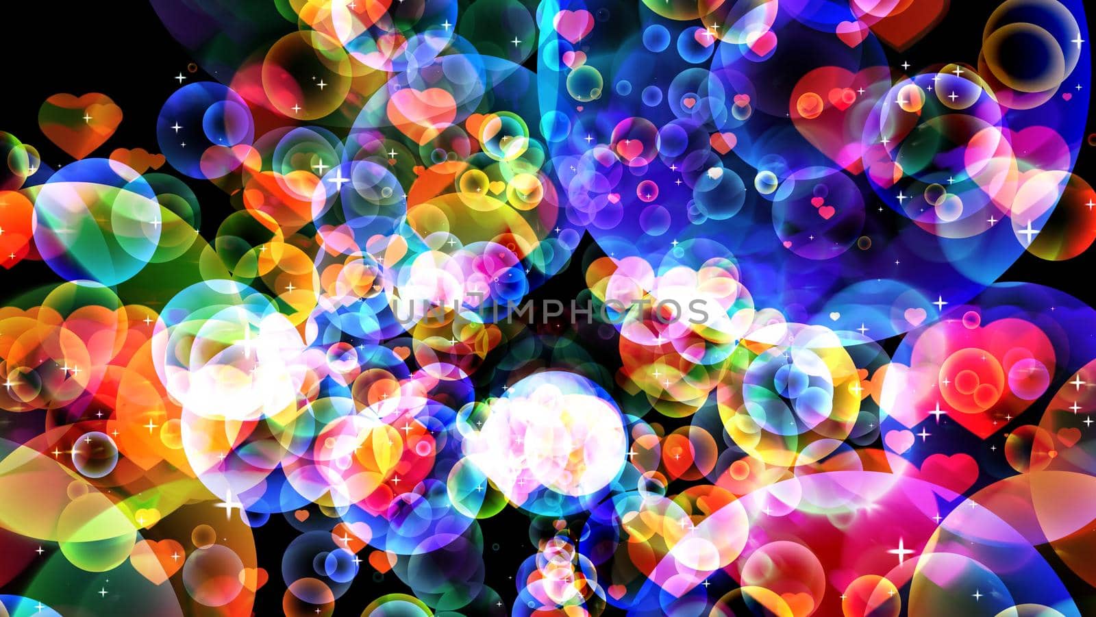 abstract dimension rainbow bubbles with dancing hearts floating on black screen with white star theme valentine day and love concept background