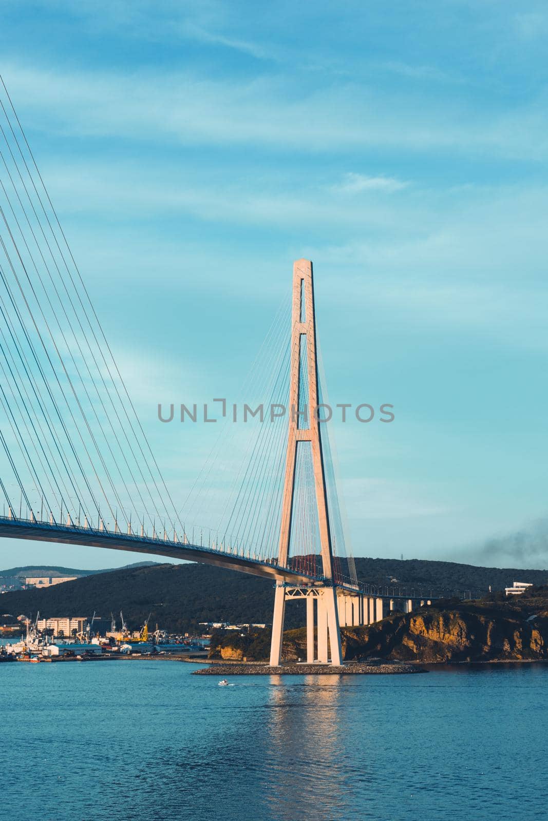 Details of the Russian bridge against the blue sky. Vladivostok, Russia.