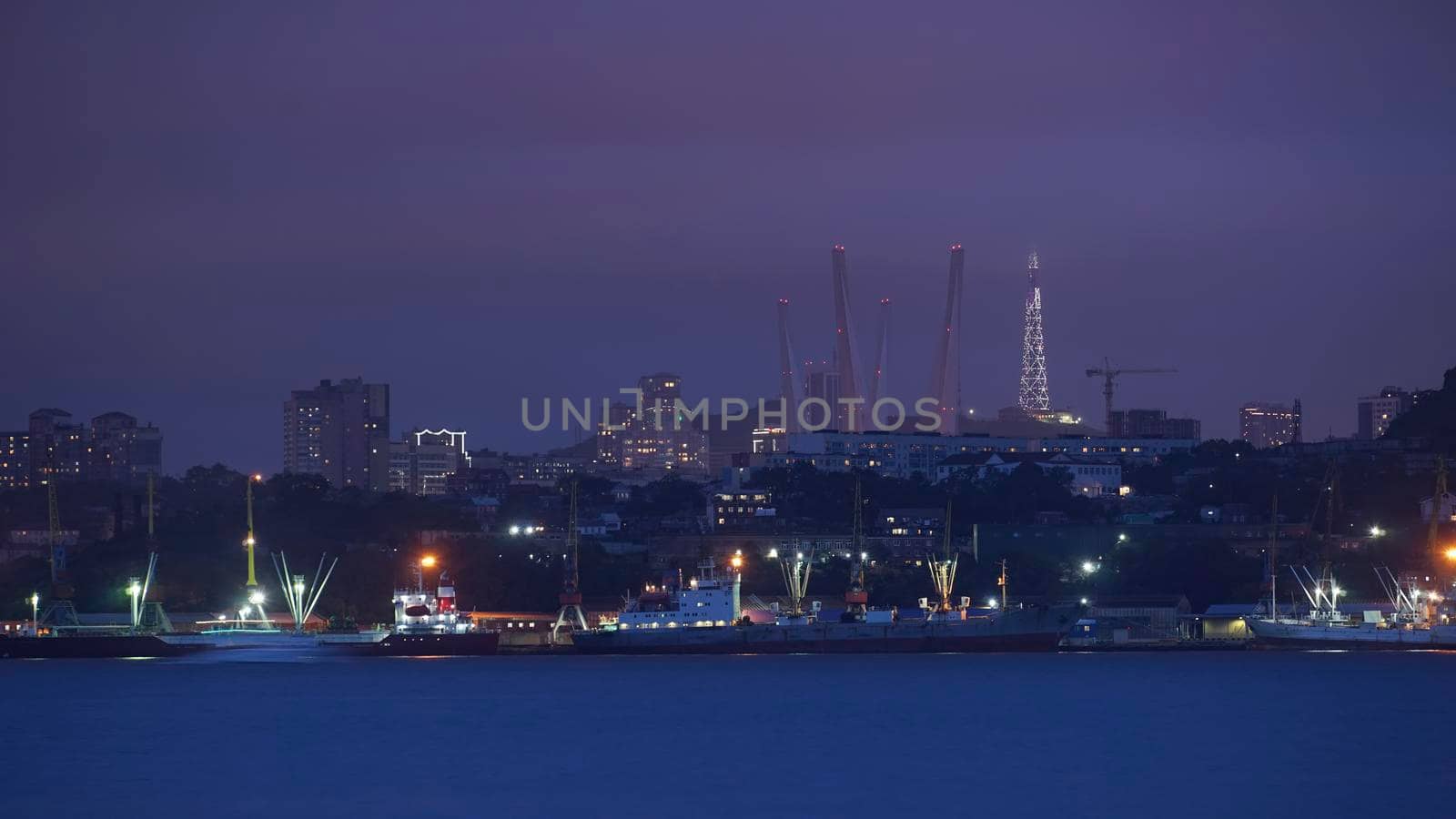 Seascape with coastline in blue hour. Vladivostok, Russia