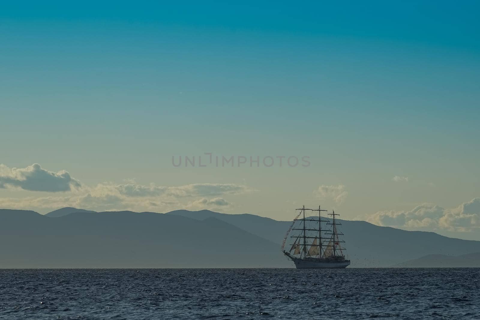 Vintage white sailboat on the background of the seascape. Vladivostok, Russia