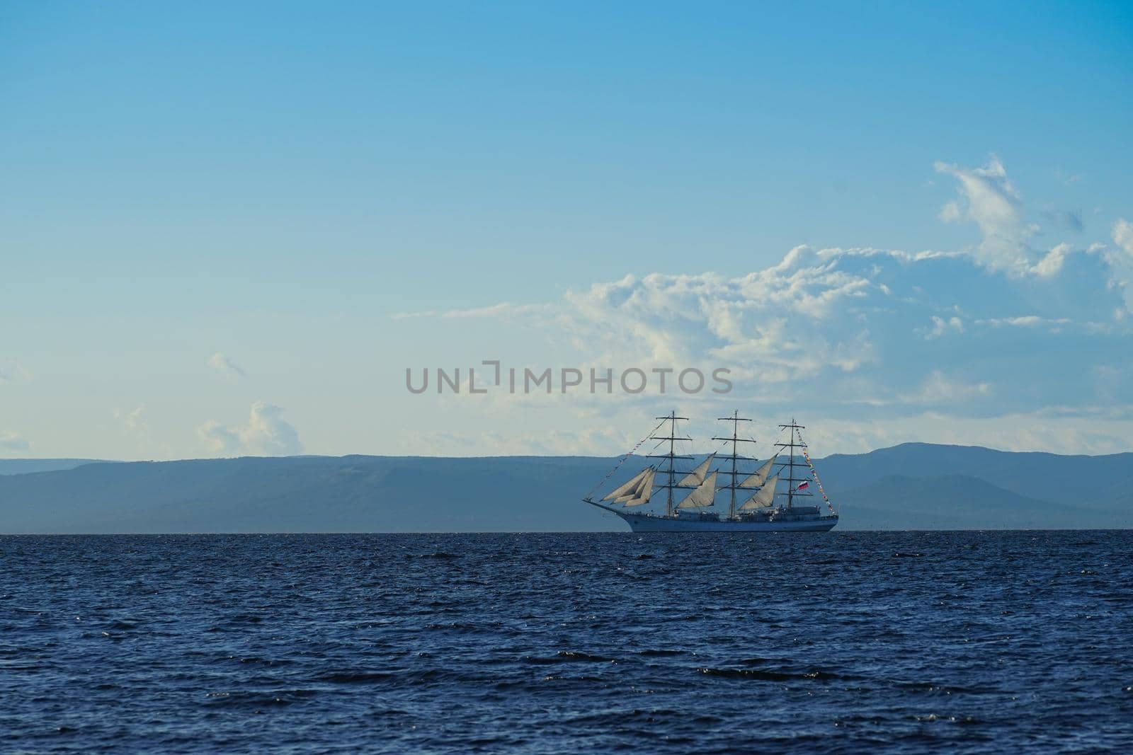 Vintage white sailboat on the background of the seascape. Vladivostok, Russia