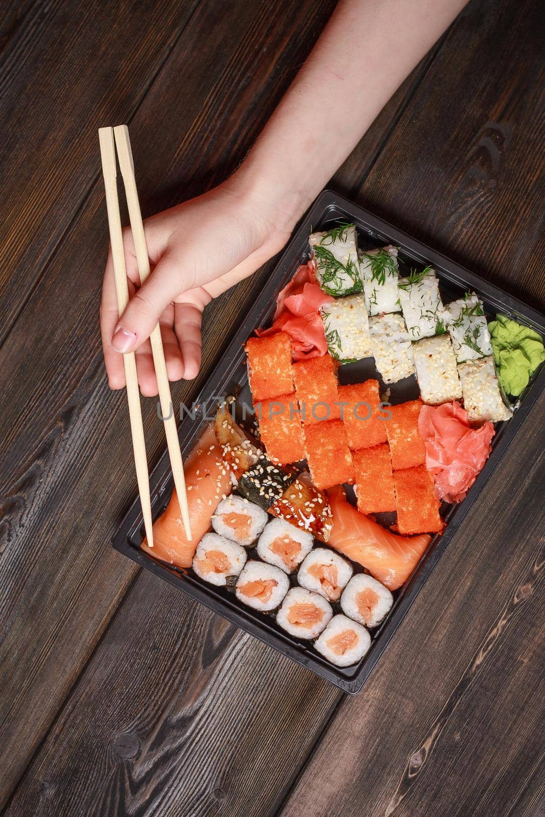 set sushi rolls delicacy wooden sticks top view japanese cuisine by SHOTPRIME