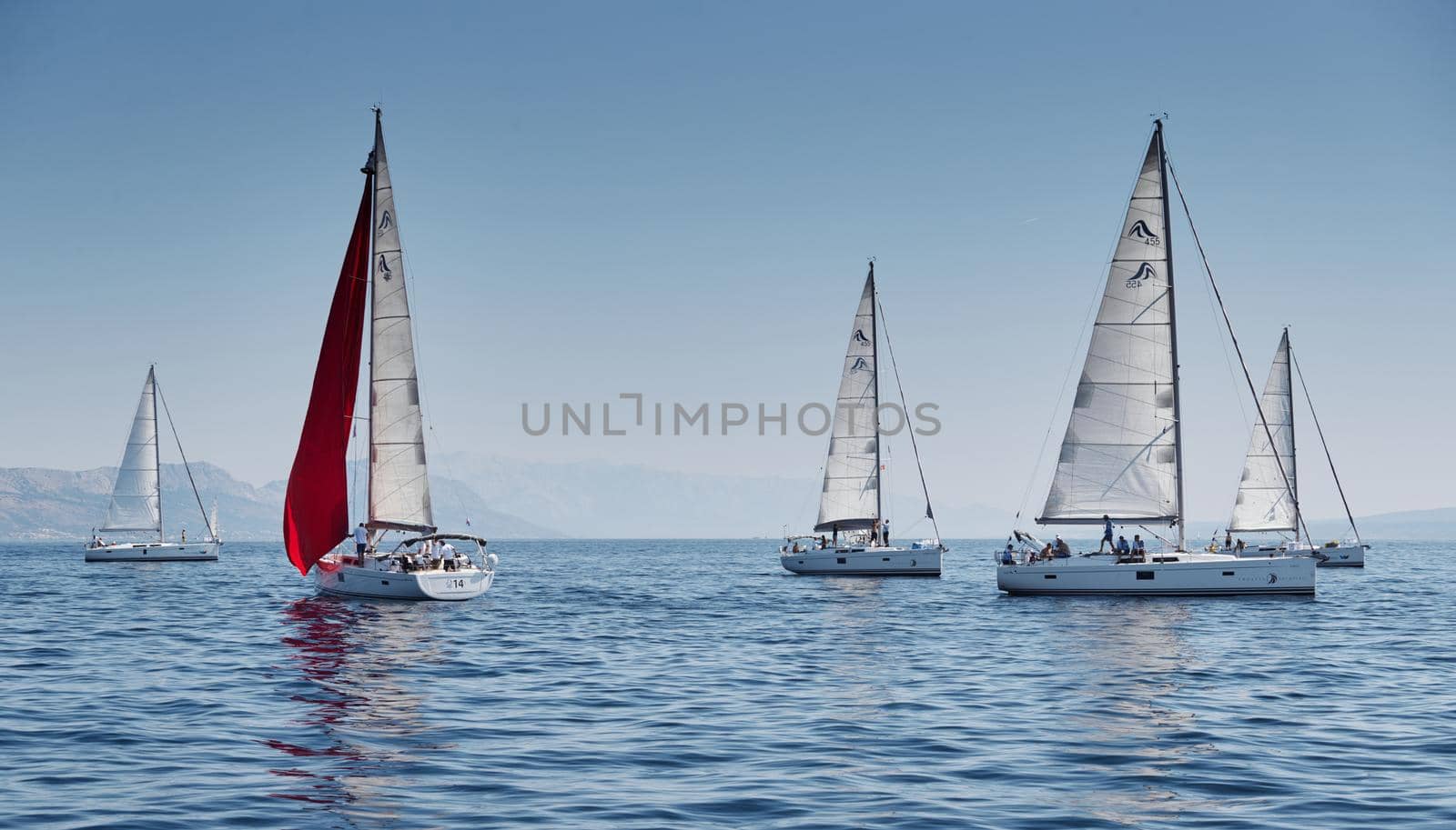 Croatia, Adriatic Sea, 15 September 2019: The race of sailboats, a regatta, reflection of sails on water, Intense competition, island with windmills are on background