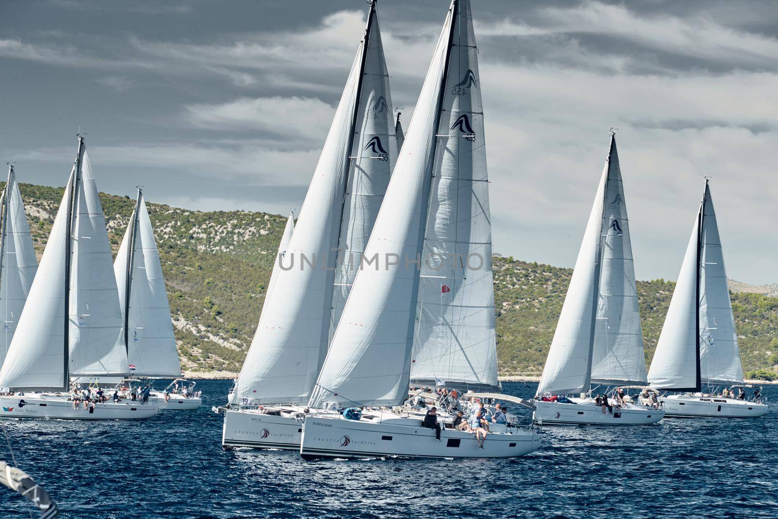 Croatia, Adriatic Sea, 18 September 2019: Sailboats compete in a sail regatta, sailboat race, reflection of sails on water, number of boat is on aft boats, island is on background, clear weather by vladimirdrozdin