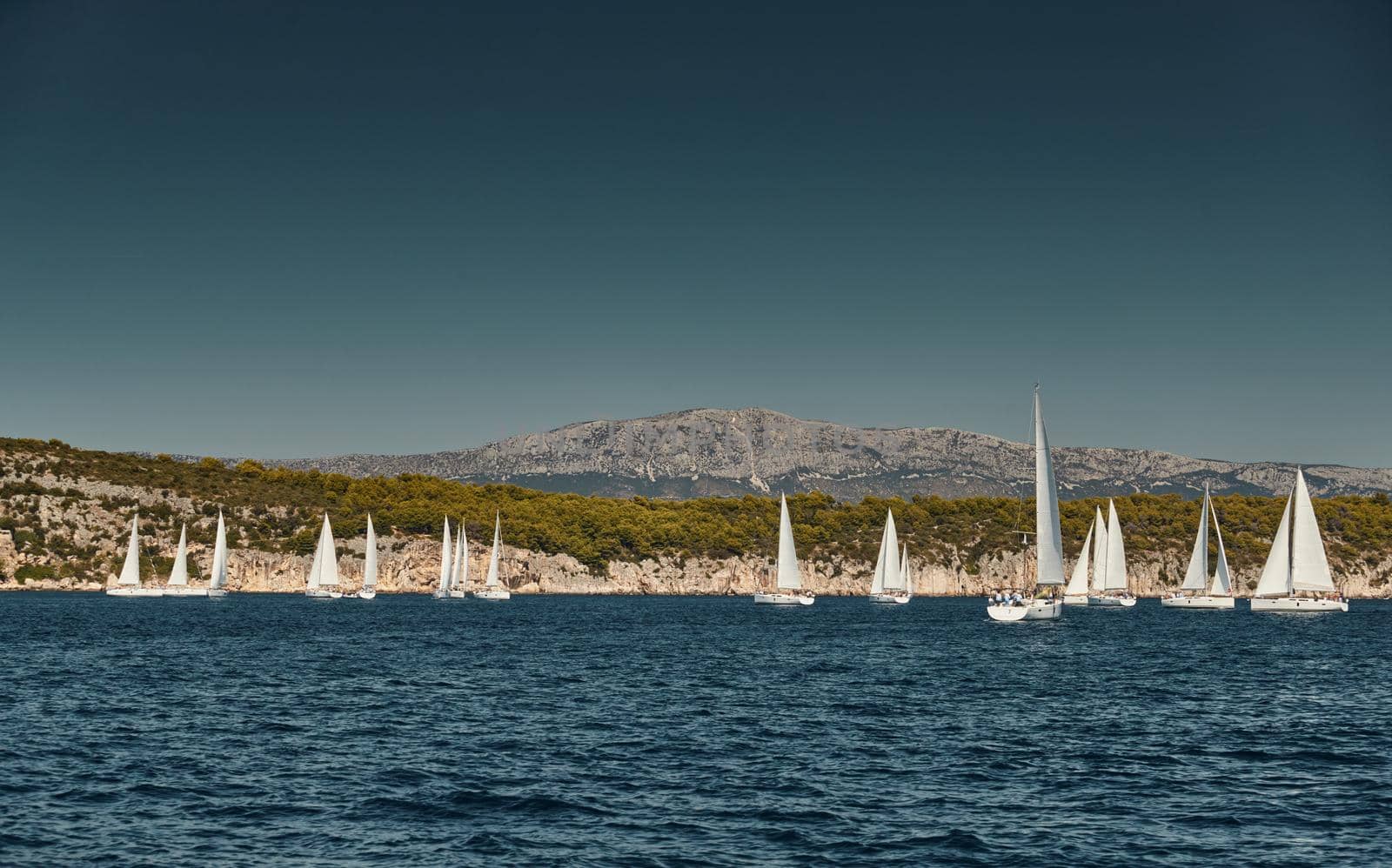 Beautiful sea landscape with sailboats, the race of sailboats on the horizon, a regatta, a Intense competition, island with windmills are on background