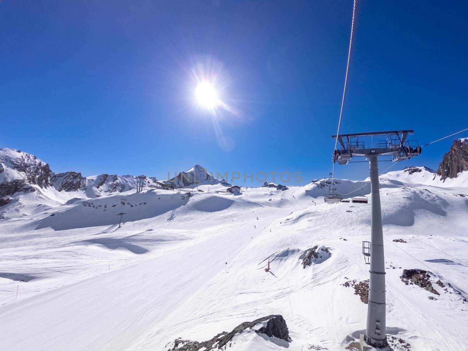 winter skiing area with cable car
