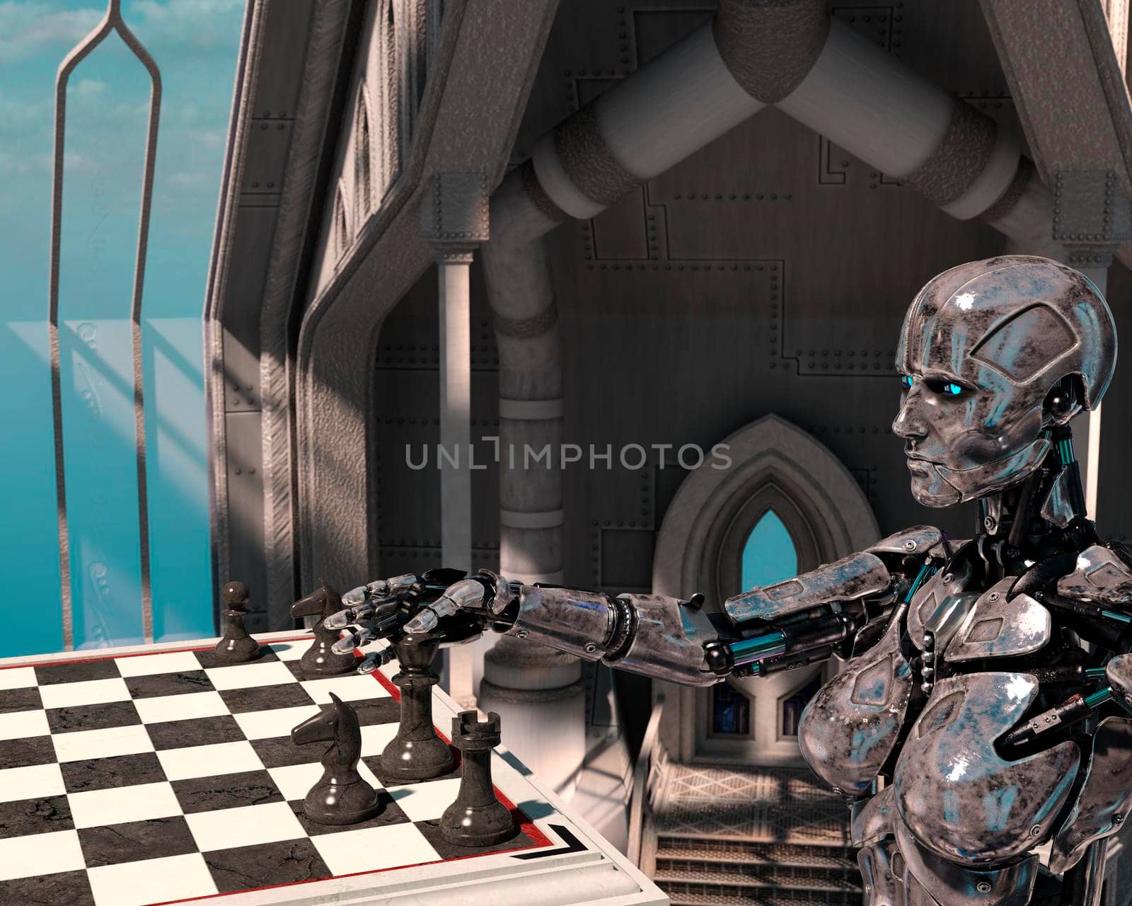A robot is playing chess. High technology 3d illustration - 3d rendering