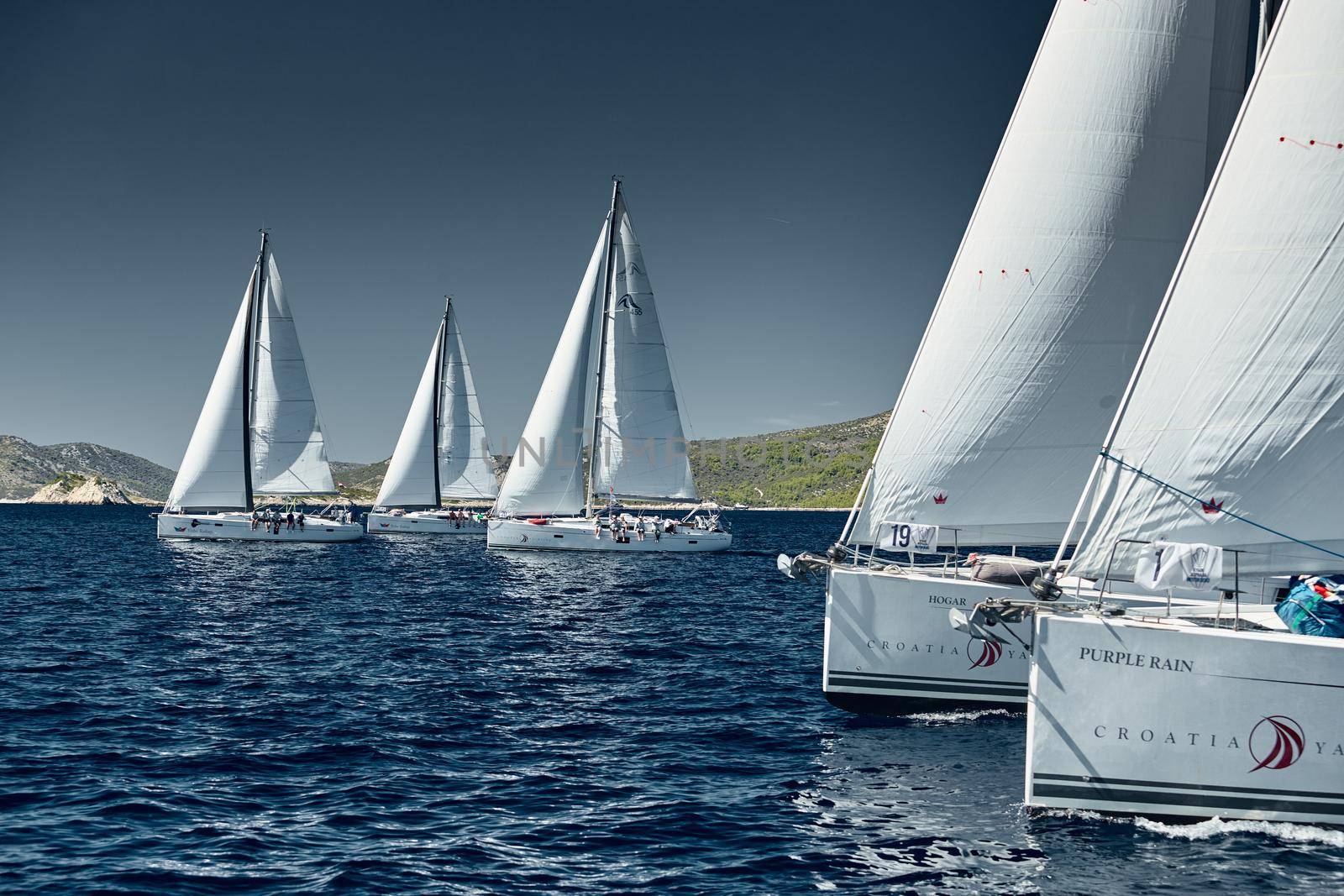 Croatia, Adriatic Sea, 18 September 2019: Sailboats compete in a sail regatta, sailboat race, reflection of sails on water, number of boat is on aft boats, island is on background, clear weather by vladimirdrozdin