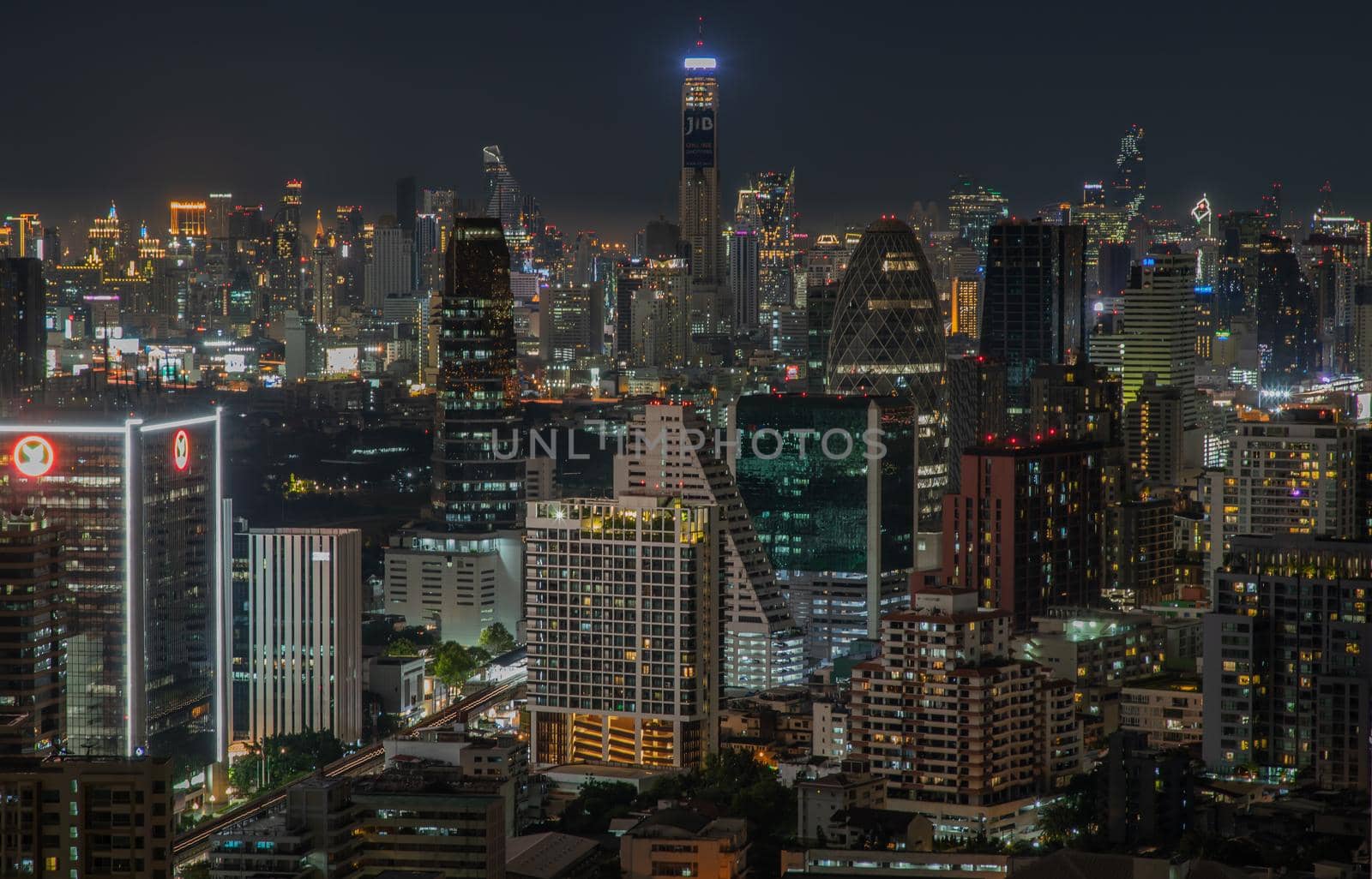 Bangkok, thailand - Aug 28, 2020 : Bangkok downtown cityscape with skyscrapers at night give the city a modern style. Selective focus.