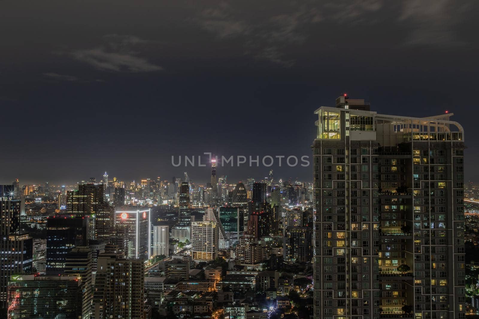 Bangkok, thailand - Aug 28, 2020 : Bangkok downtown cityscape with skyscrapers at night give the city a modern style. Selective focus.