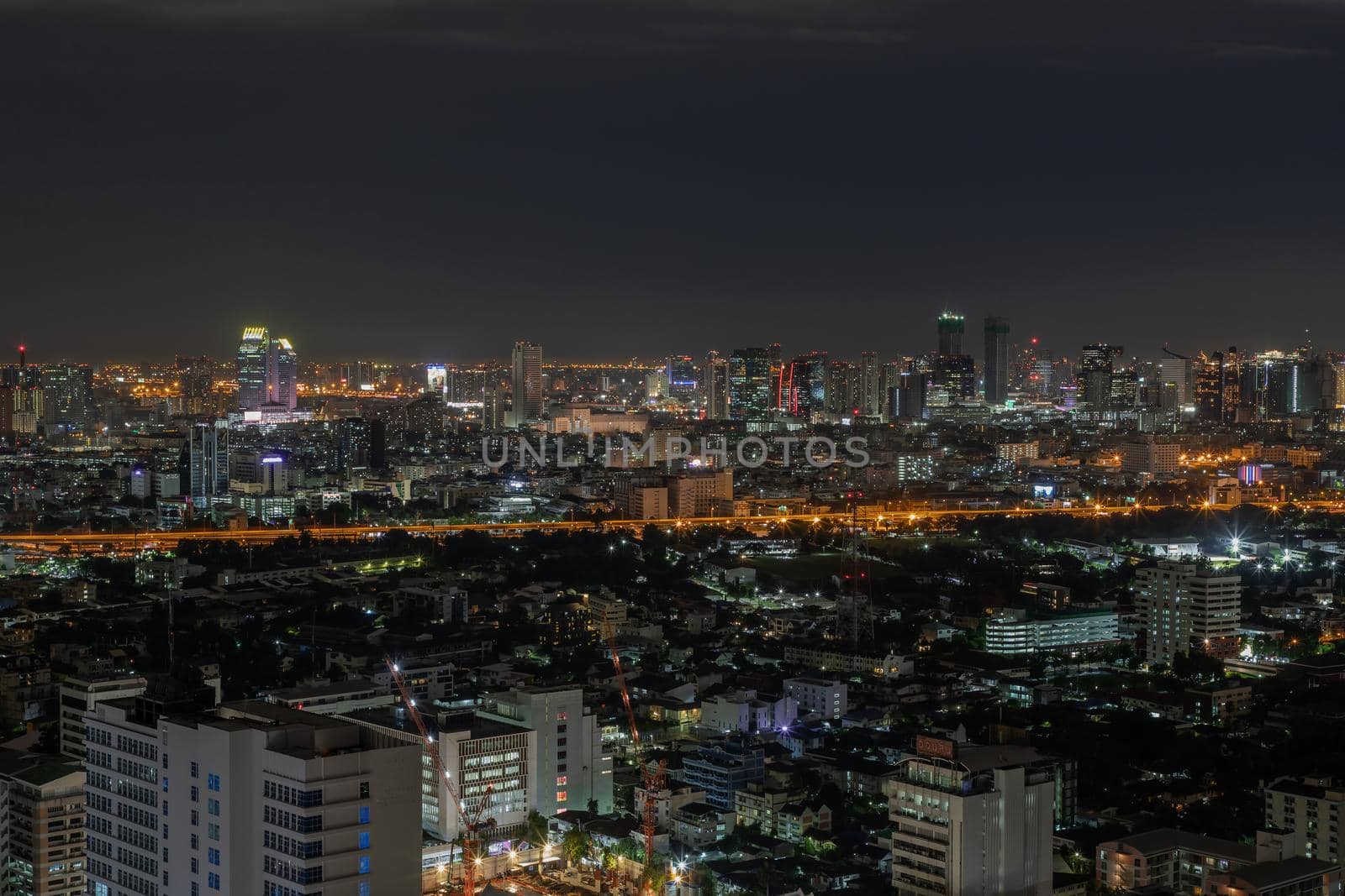 Bangkok, thailand - Aug 28, 2020 : Bangkok downtown cityscape with skyscrapers at night give the city a modern style. Selective focus.