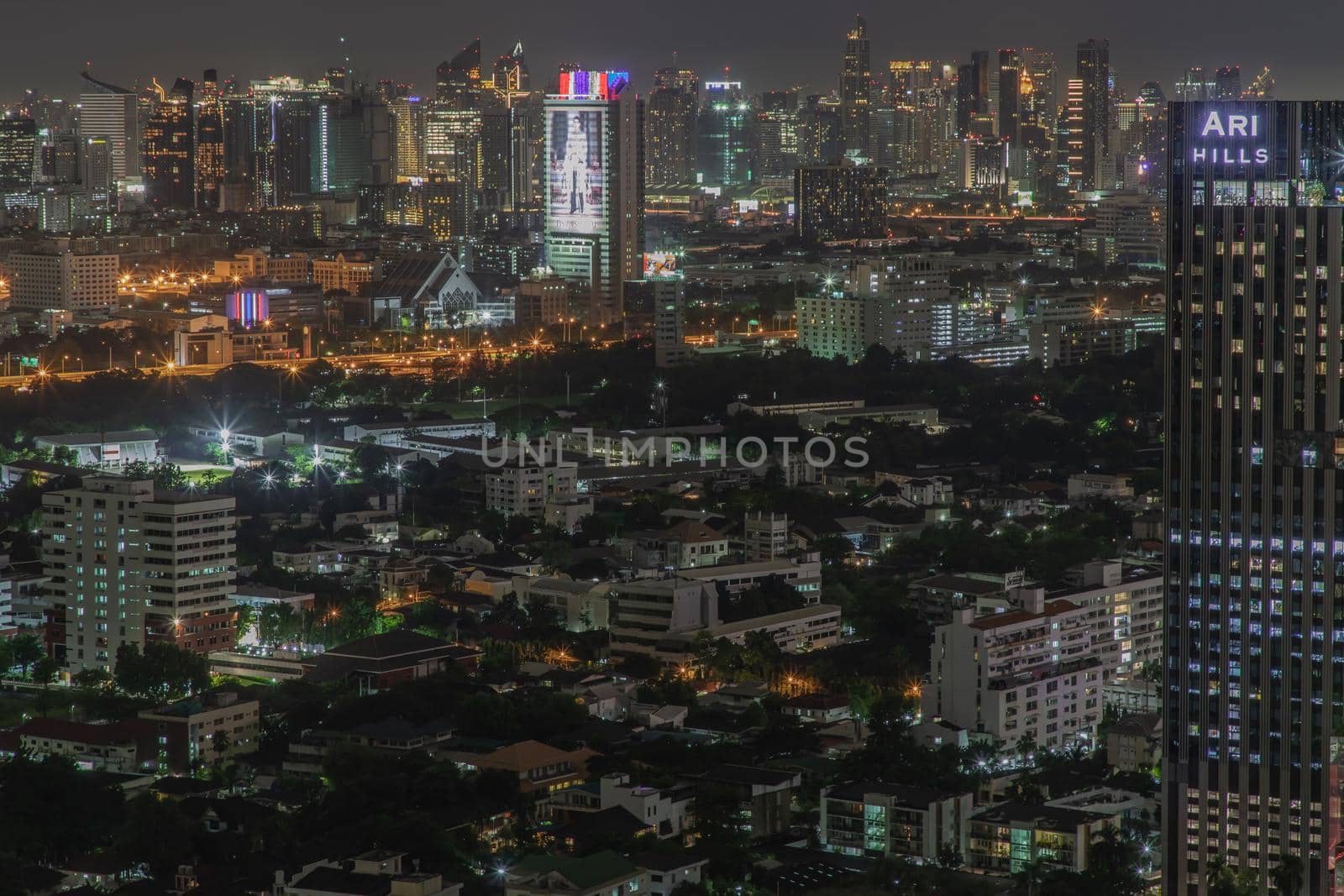 Bangkok, thailand - Aug 28, 2020 : Bangkok downtown cityscape with skyscrapers at night give the city a modern style. Selective focus.