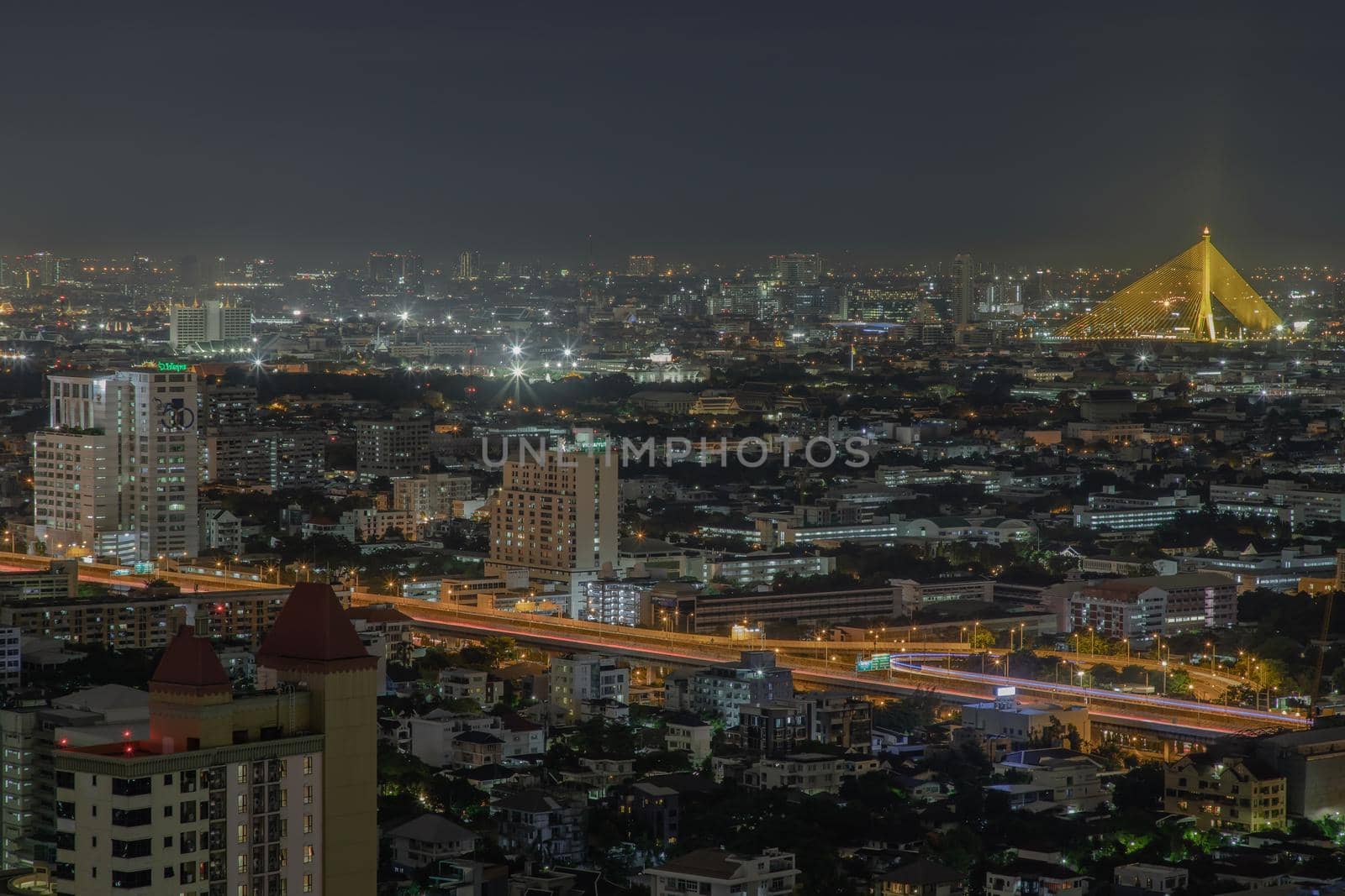 Bangkok, thailand - Aug 28, 2020 : Bangkok downtown cityscape with skyscrapers at night give the city a modern style. Selective focus.