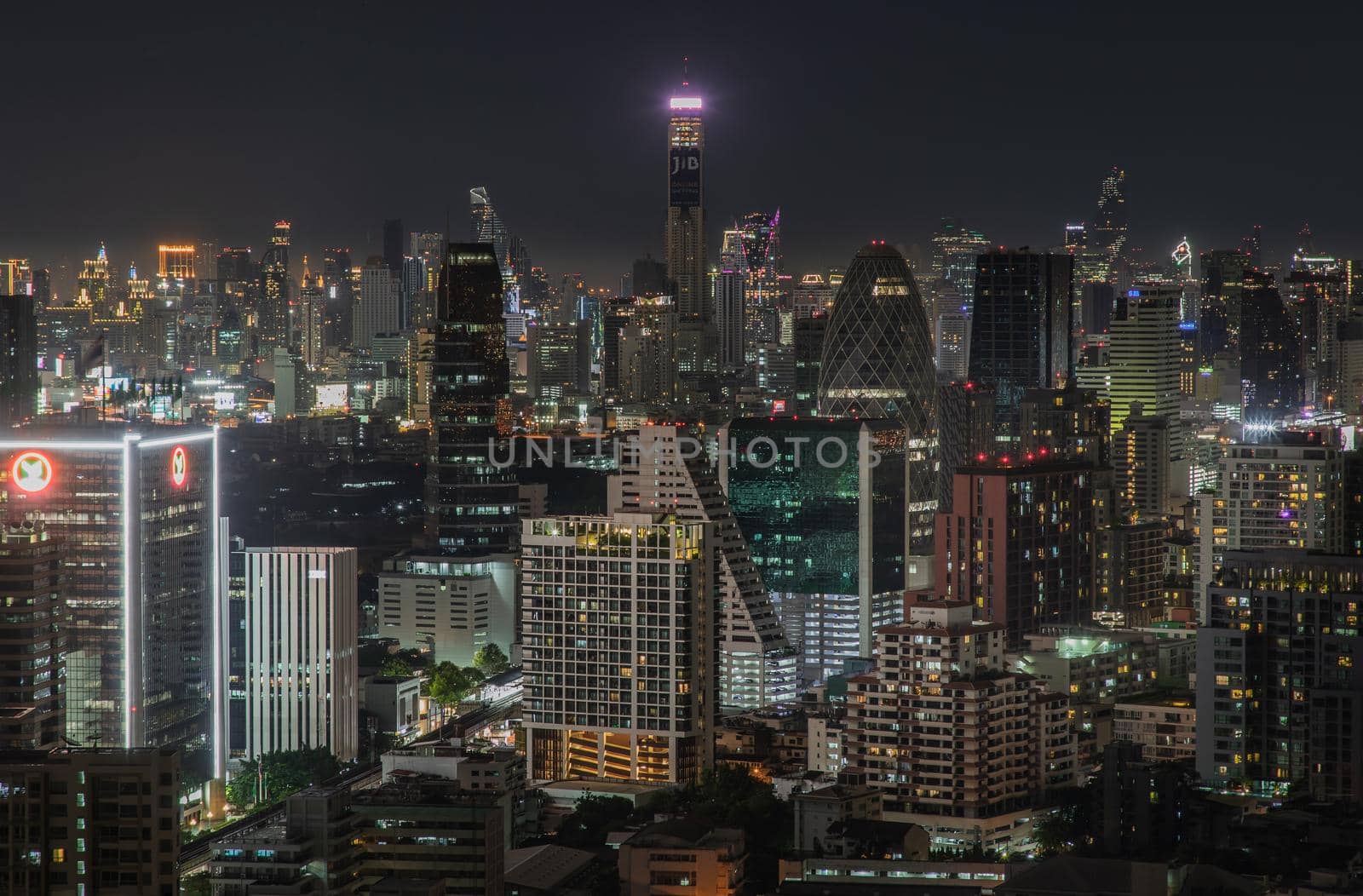 Bangkok, thailand - Aug 28, 2020 : Bangkok downtown cityscape with skyscrapers at night give the city a modern style. Selective focus.