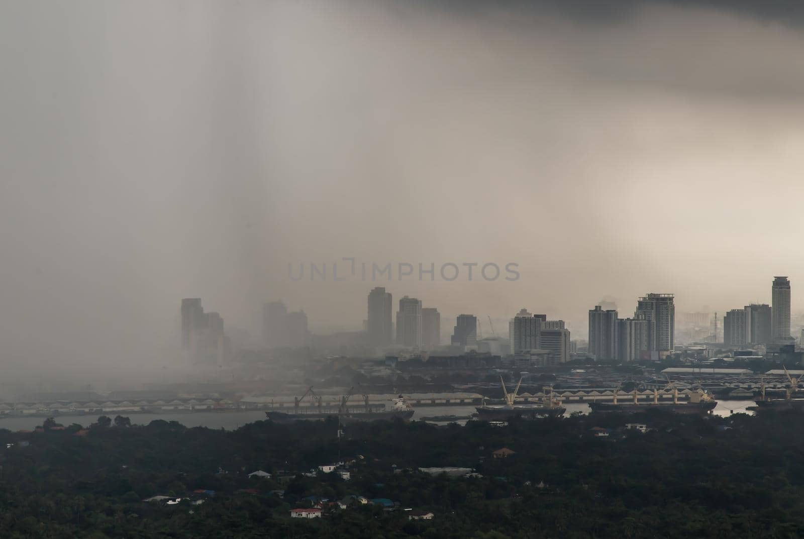 Bangkok, thailand - Oct 03, 2020 : PM 2.5 or Heavy smog was covered the Bangkok building the morning.There are air pollution under heavy cloud. Focus and blur.