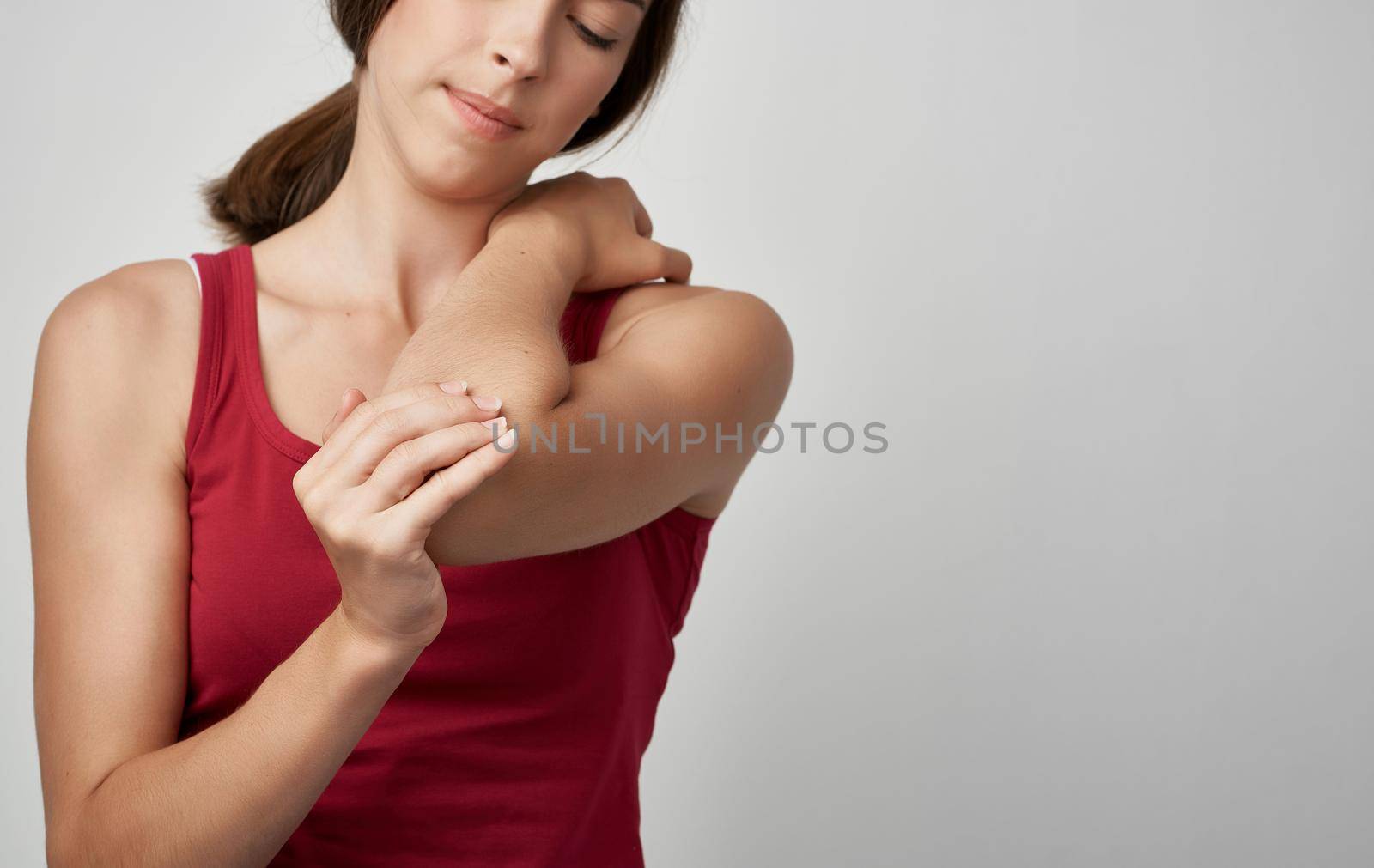 woman in red t shirt health problems pain dissatisfaction. High quality photo