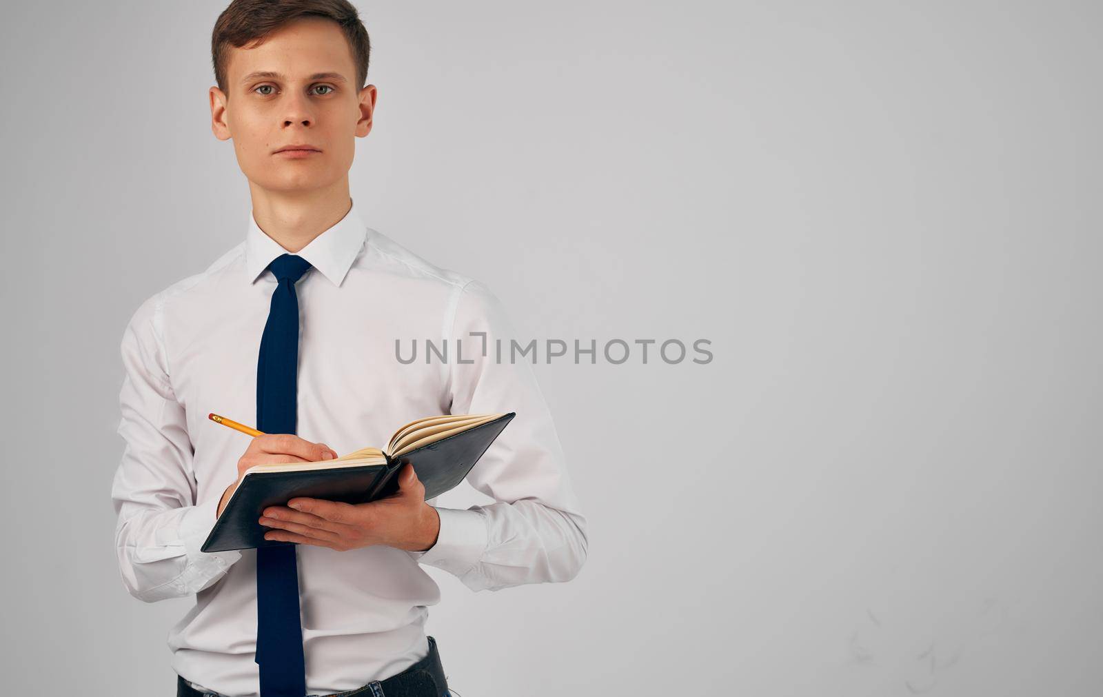 male manager in suit official at documents financial office. High quality photo