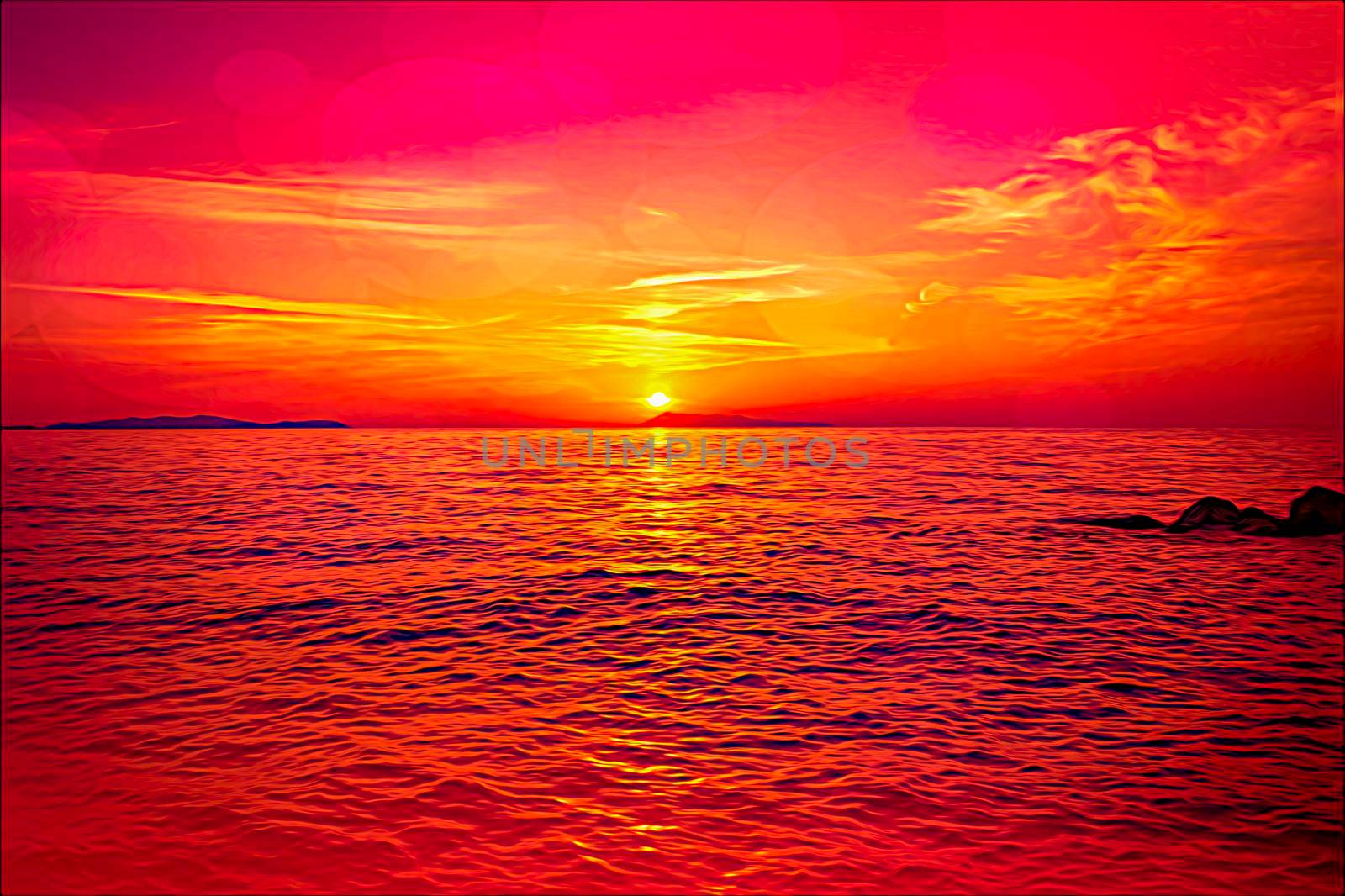 Dreamy sunset at Logas beach at Peroulades village of Corfu island, Greece. Digital paint.